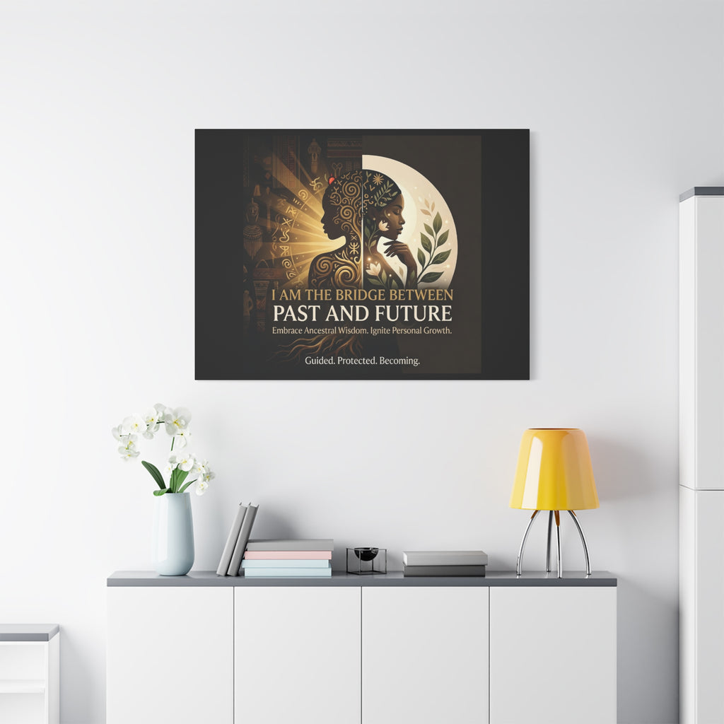Canvas wall art titled "I Am the Bridge Between Past and Future" by Printify, featuring abstract design and vibrant colors.