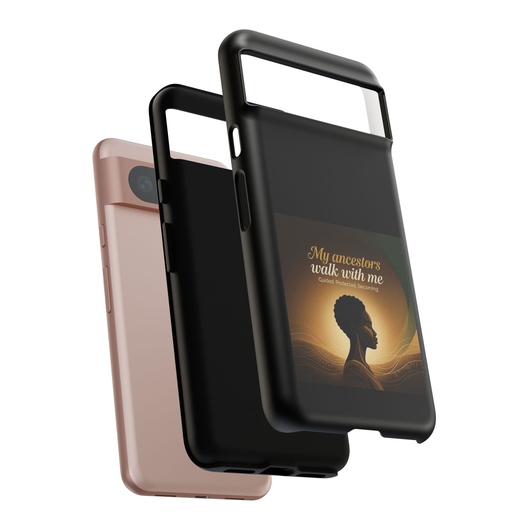 Black heritage phone case with inspirational quote design, protective cover for smartphones, by Printify.
