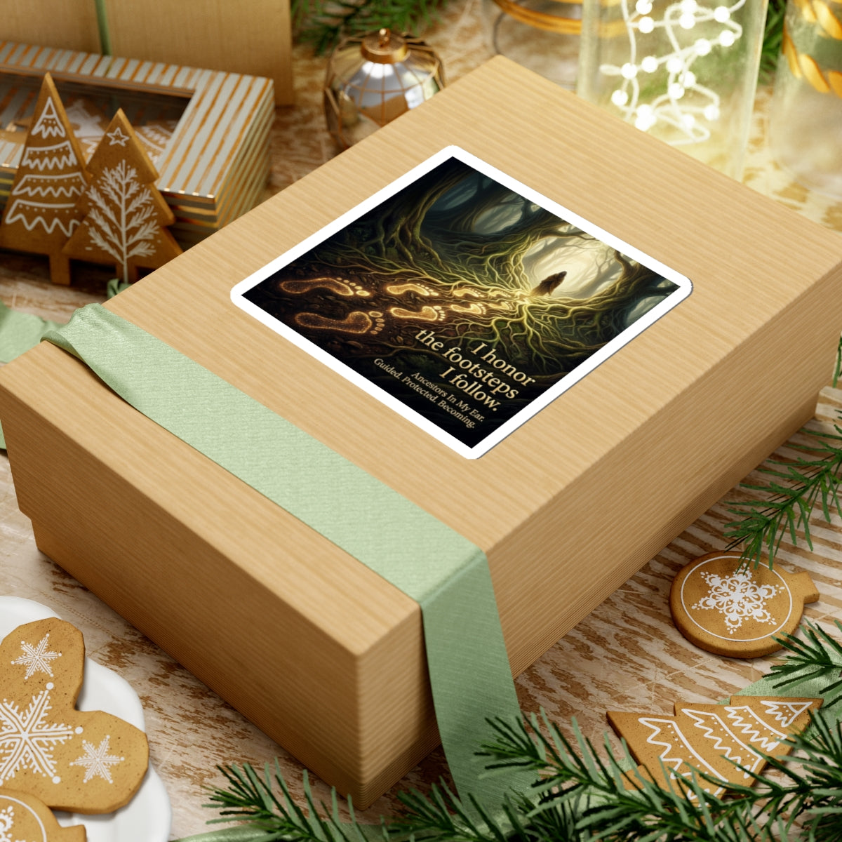 Kiss-cut sticker with the quote "I honor the footsteps I follow" featuring an ancestral forest design on paper material.