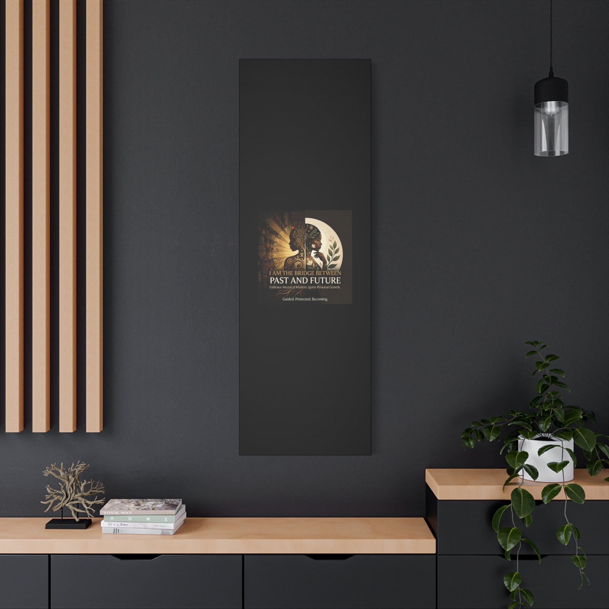 Canvas wall art titled "I Am the Bridge Between Past and Future" by Printify, featuring an abstract design with vibrant colors.