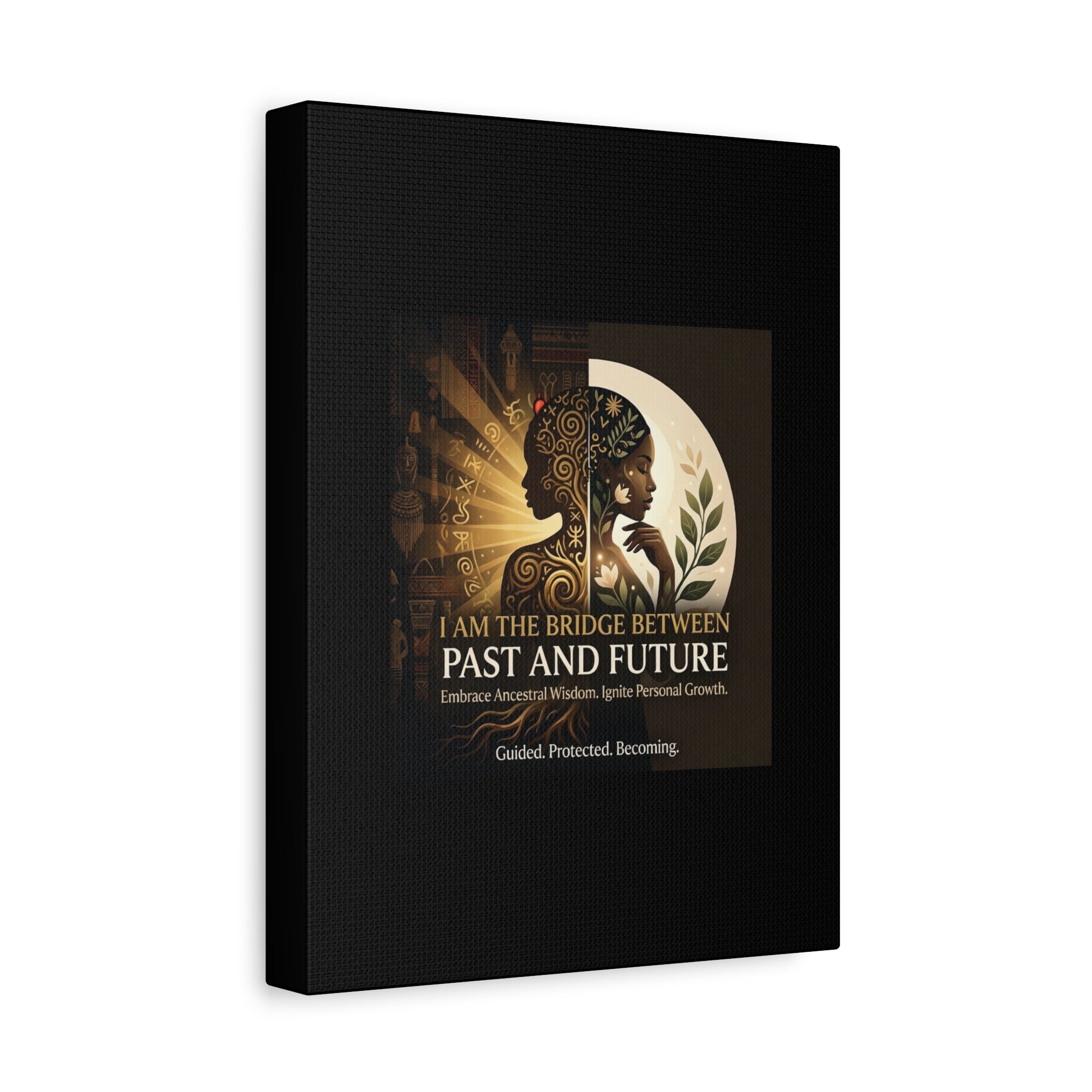 Canvas wall art titled "I Am the Bridge Between Past and Future" by Printify, featuring abstract imagery and vibrant colors.