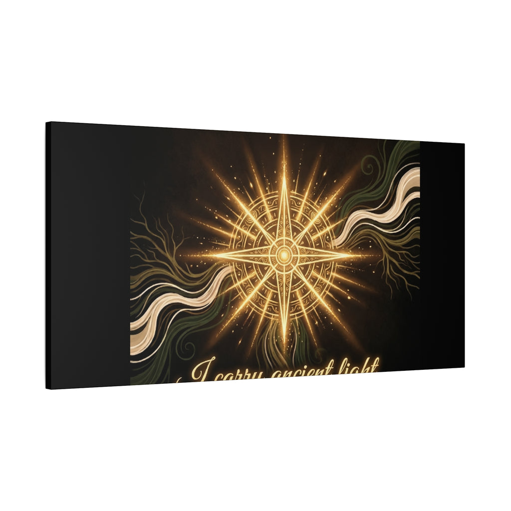 Matte canvas wall art titled "I Carry Ancient Light" featuring a golden compass design, suitable as home or office decor.