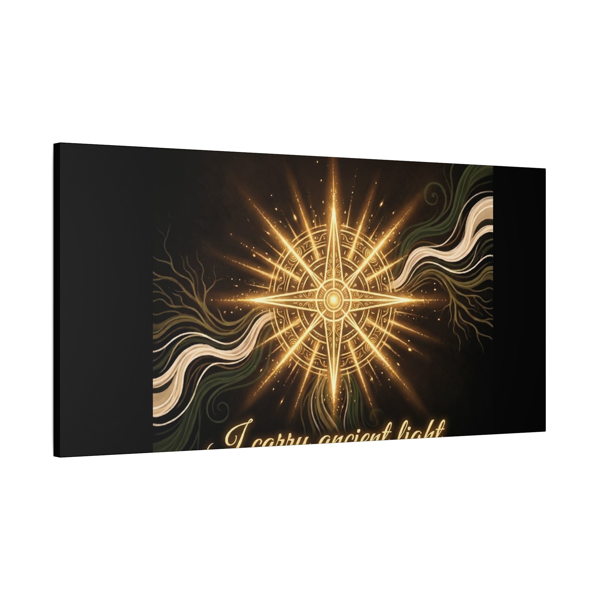 Matte canvas wall art titled "I Carry Ancient Light" featuring a golden compass design, suitable as home or office decor.