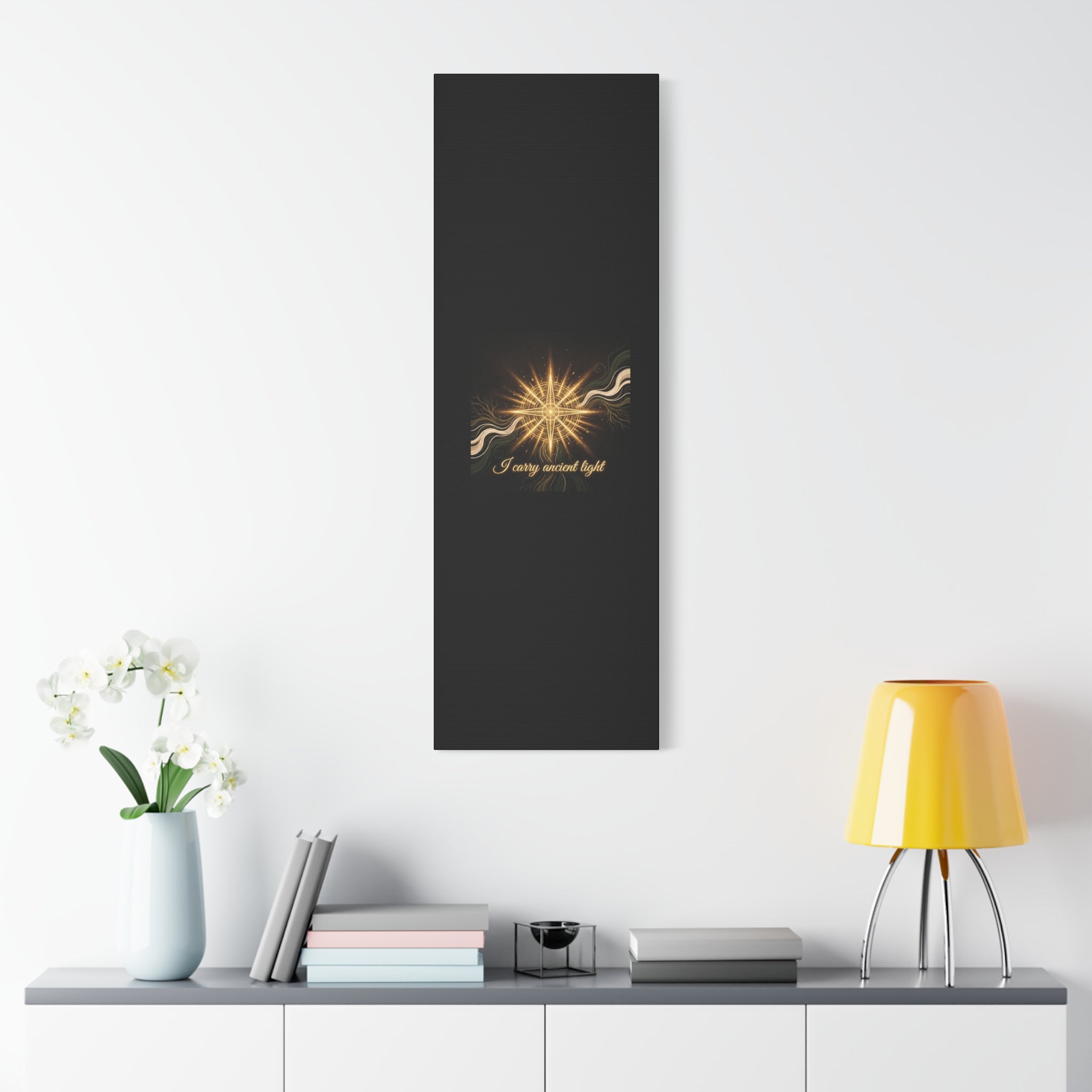 Matte canvas wall art featuring a golden compass design titled "I Carry Ancient Light" by Printify.