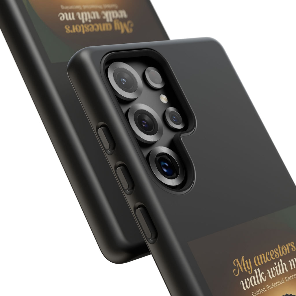 Black phone case with inspirational quote and heritage design, compatible with smartphones, by Printify.