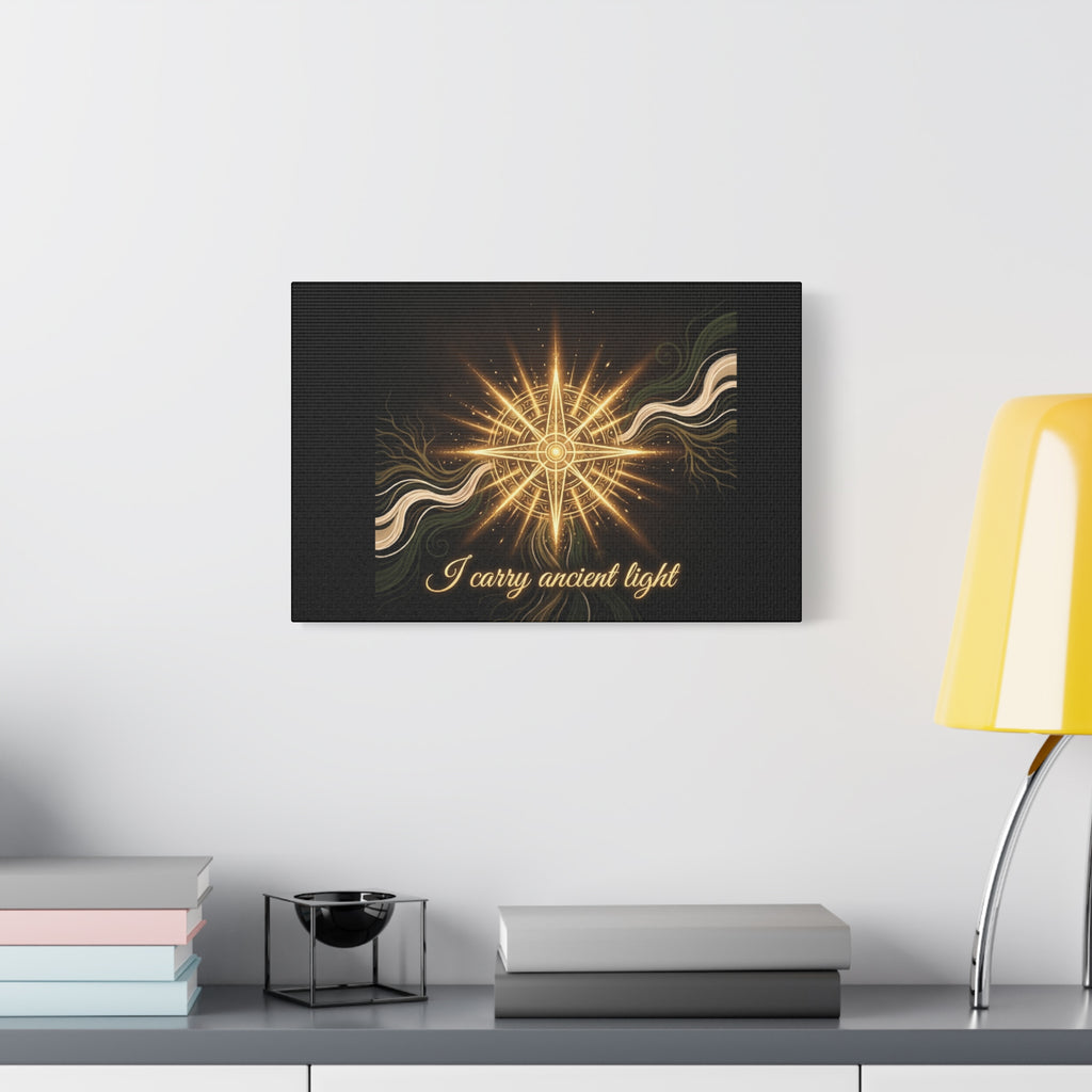 Matte canvas wall art titled "I Carry Ancient Light" featuring a golden compass design, ideal for home decor.