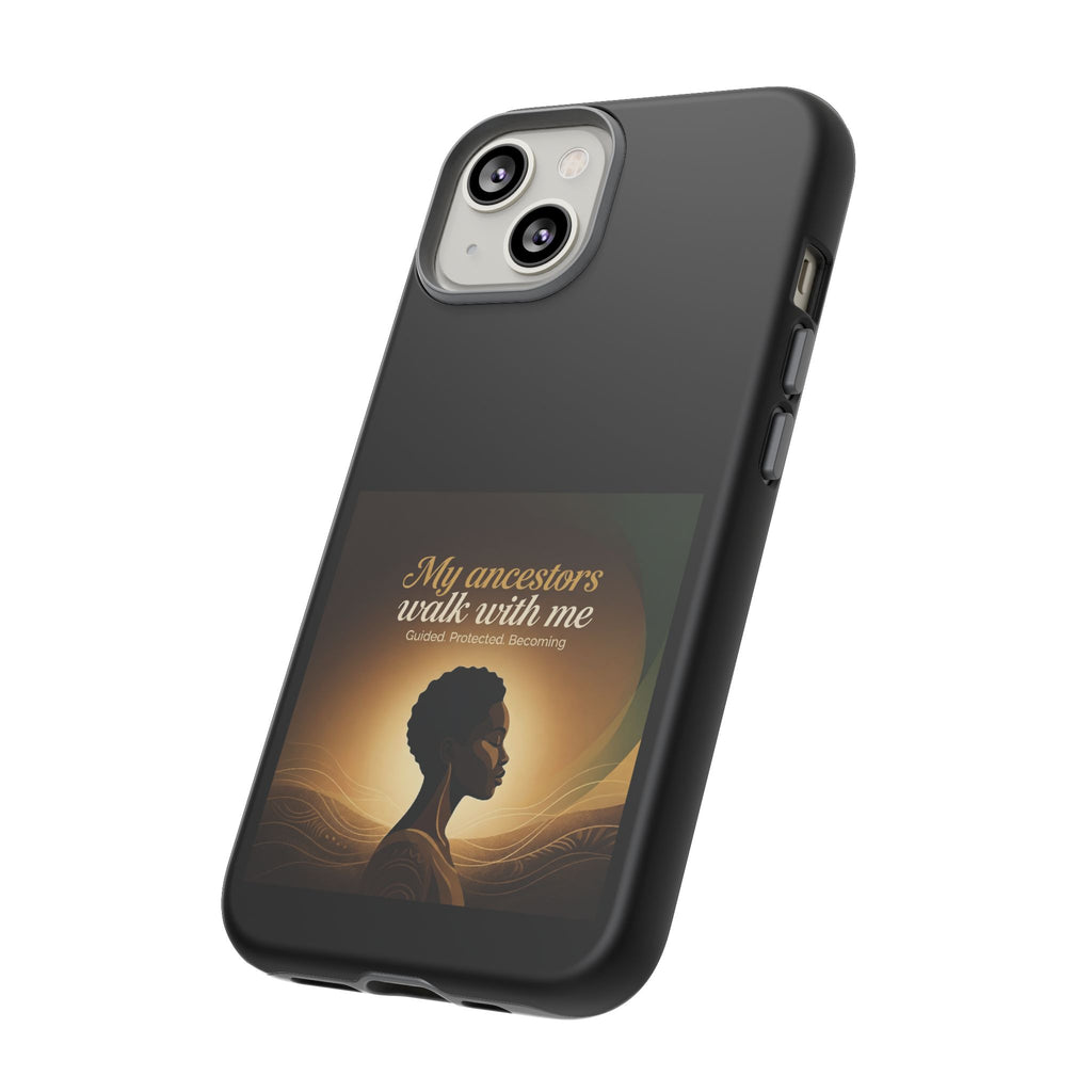 Black phone case with inspirational message honoring heritage, designed for iPhone and compatible with Printify protective covers.