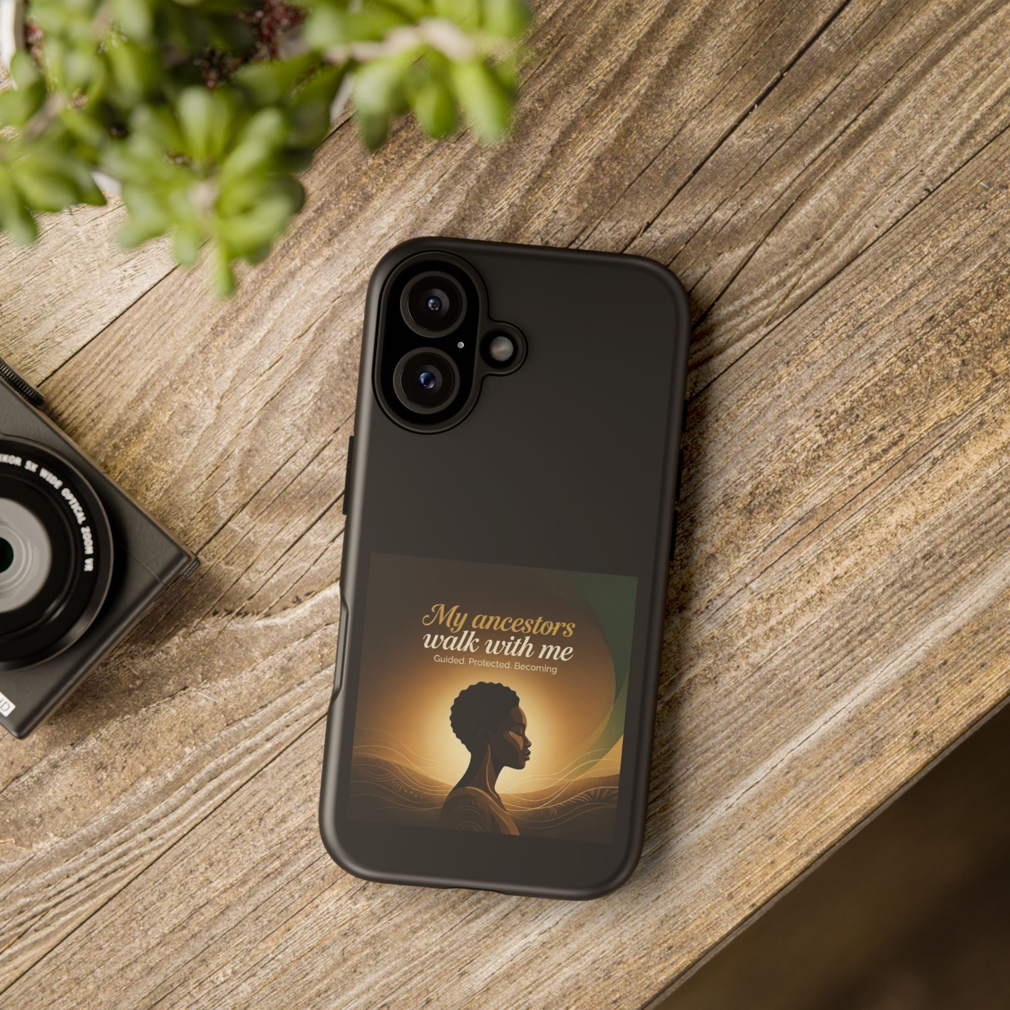 Black phone case with inspirational design and heritage motif, compatible with smartphones, by Printify.