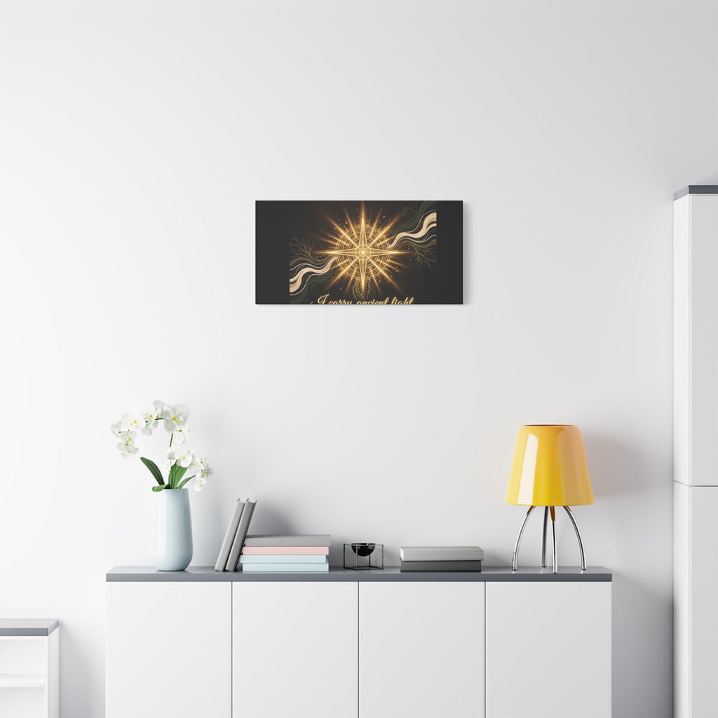 Matte canvas wall art featuring a golden compass design titled "I Carry Ancient Light" by Printify, suitable for home decor.