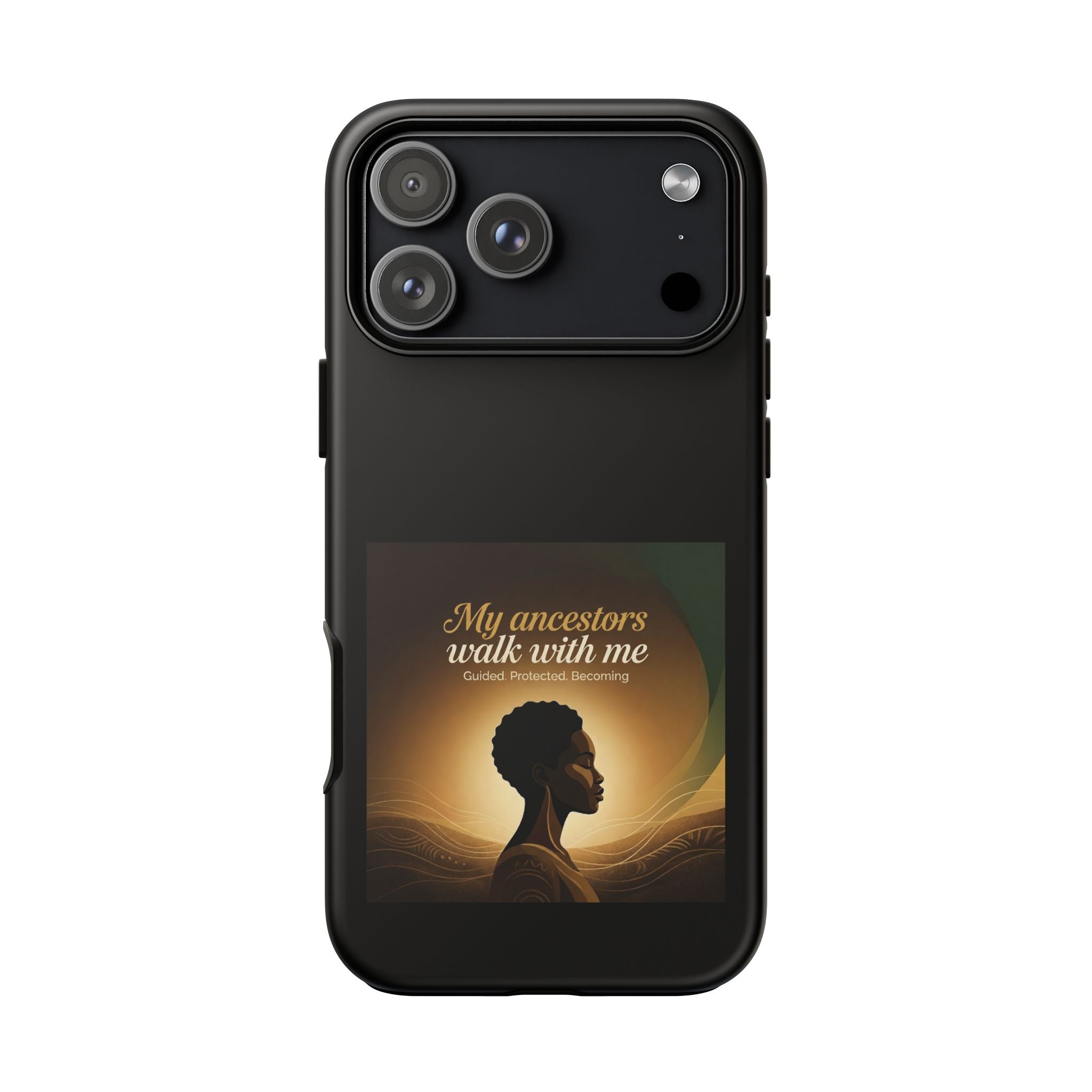 Black phone case with inspirational message and heritage design, protective Cover for smartphones by Printify.