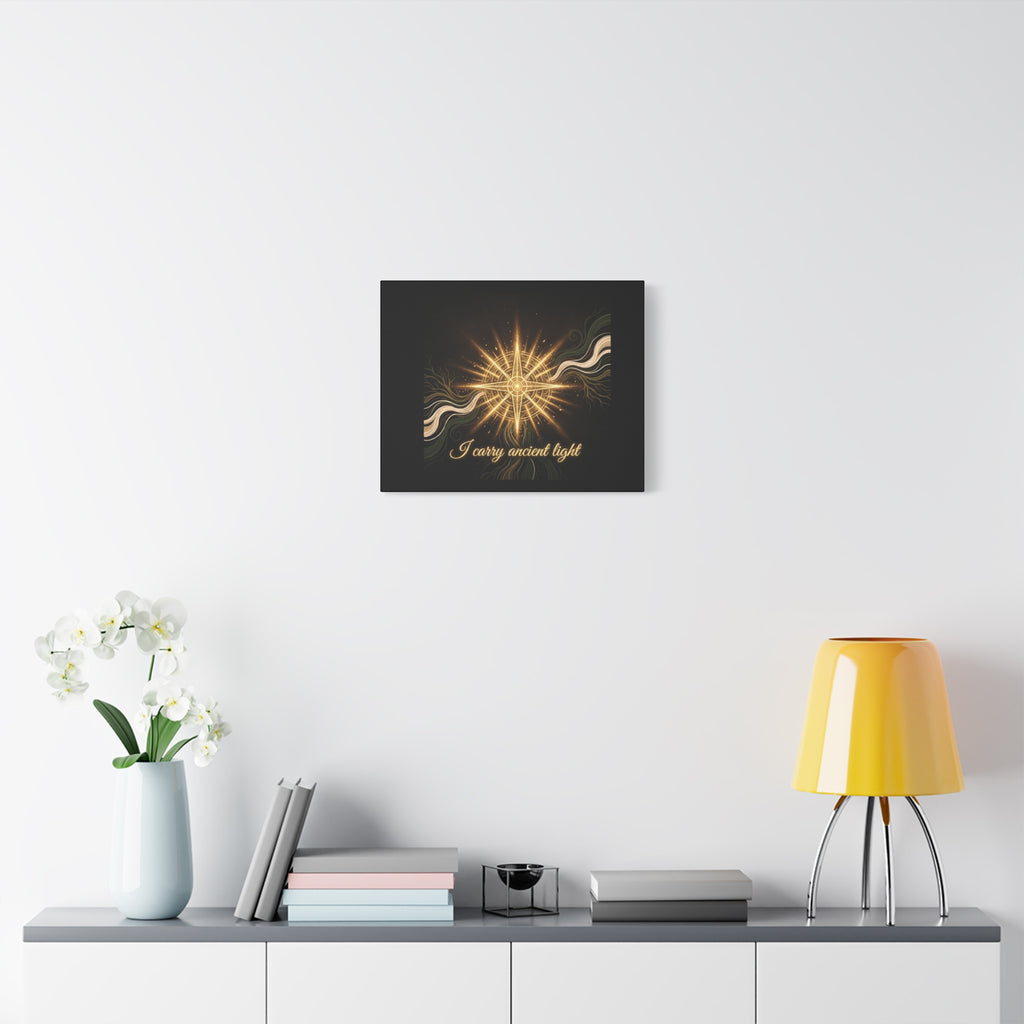 Matte canvas wall art titled "I Carry Ancient Light" featuring a golden compass design, printed by Printify.
