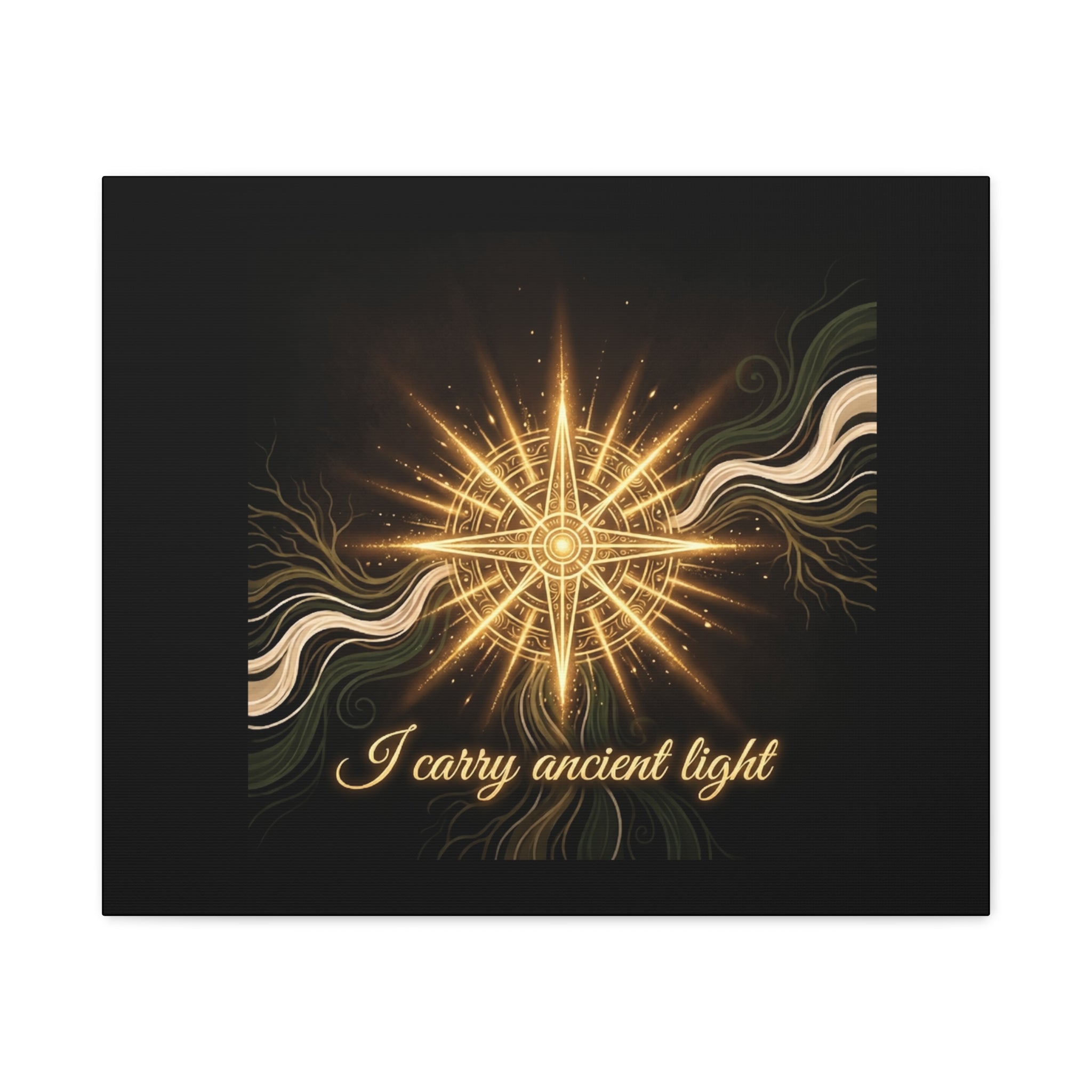 Matte canvas wall art titled "I Carry Ancient Light" featuring a golden compass design, by Printify.