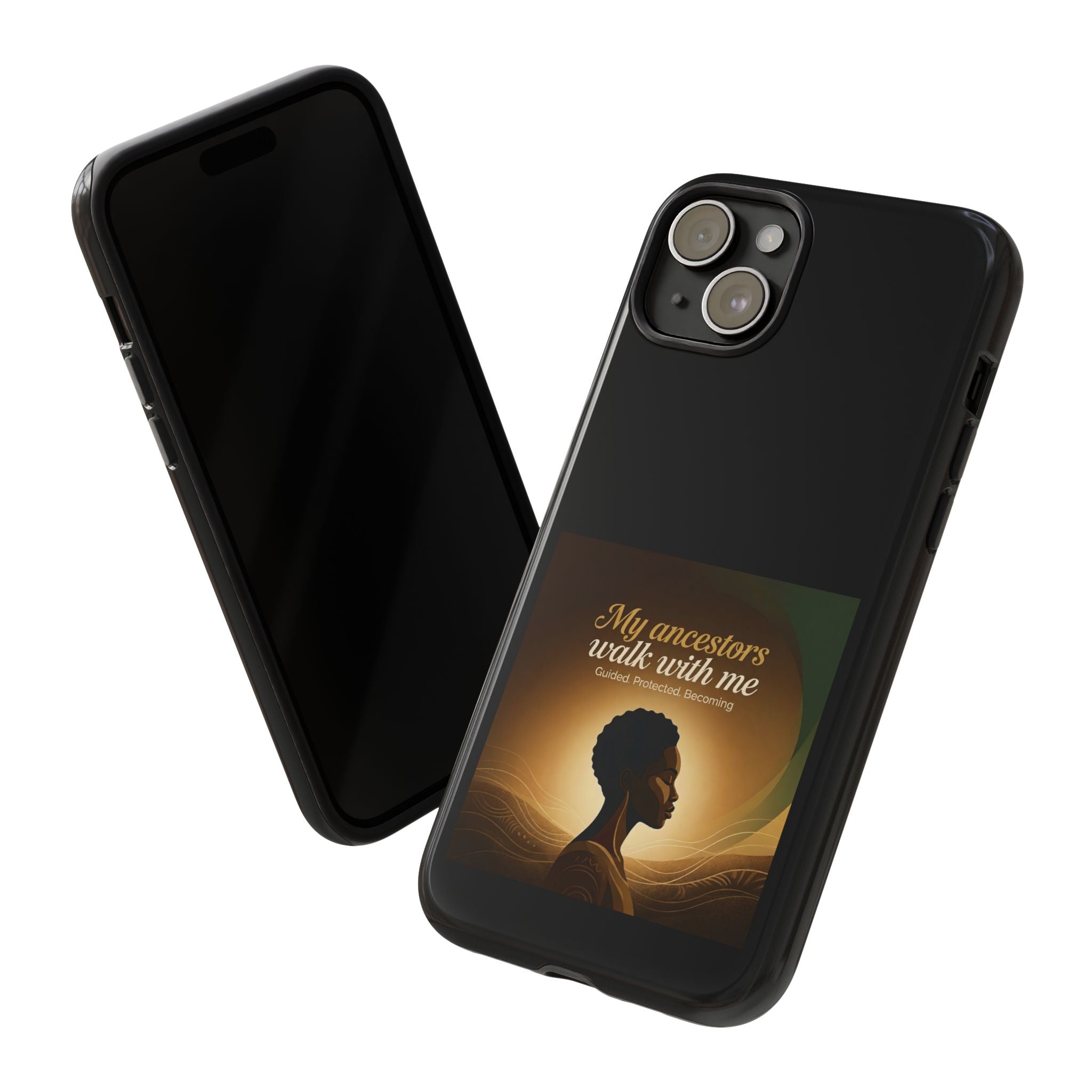 Black phone case with inspirational design honoring heritage, made by Printify, protects smartphone with meaningful message.