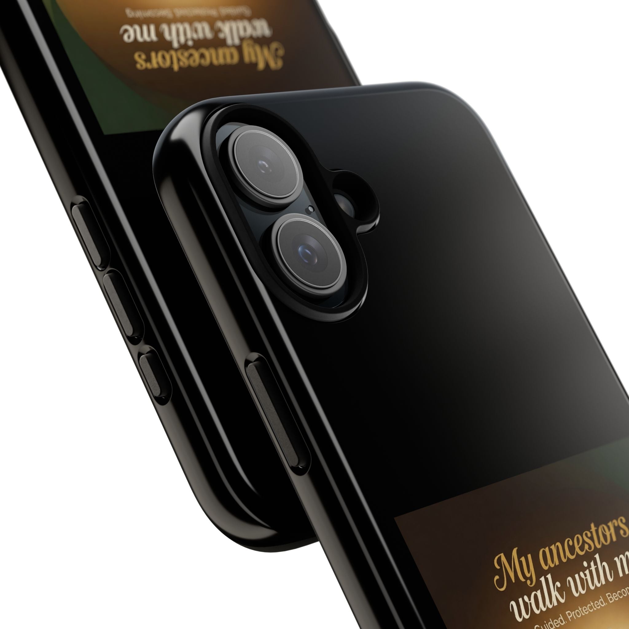 Black phone case with inspirational message and heritage design, protective cover for smartphones by Printify.