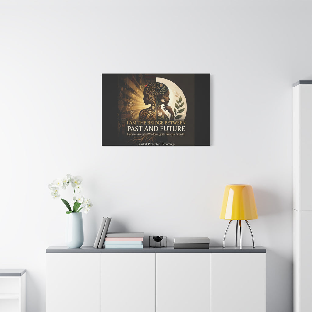 Canvas wall art titled "I Am the Bridge Between Past and Future" by Printify, featuring an abstract design in muted colors.