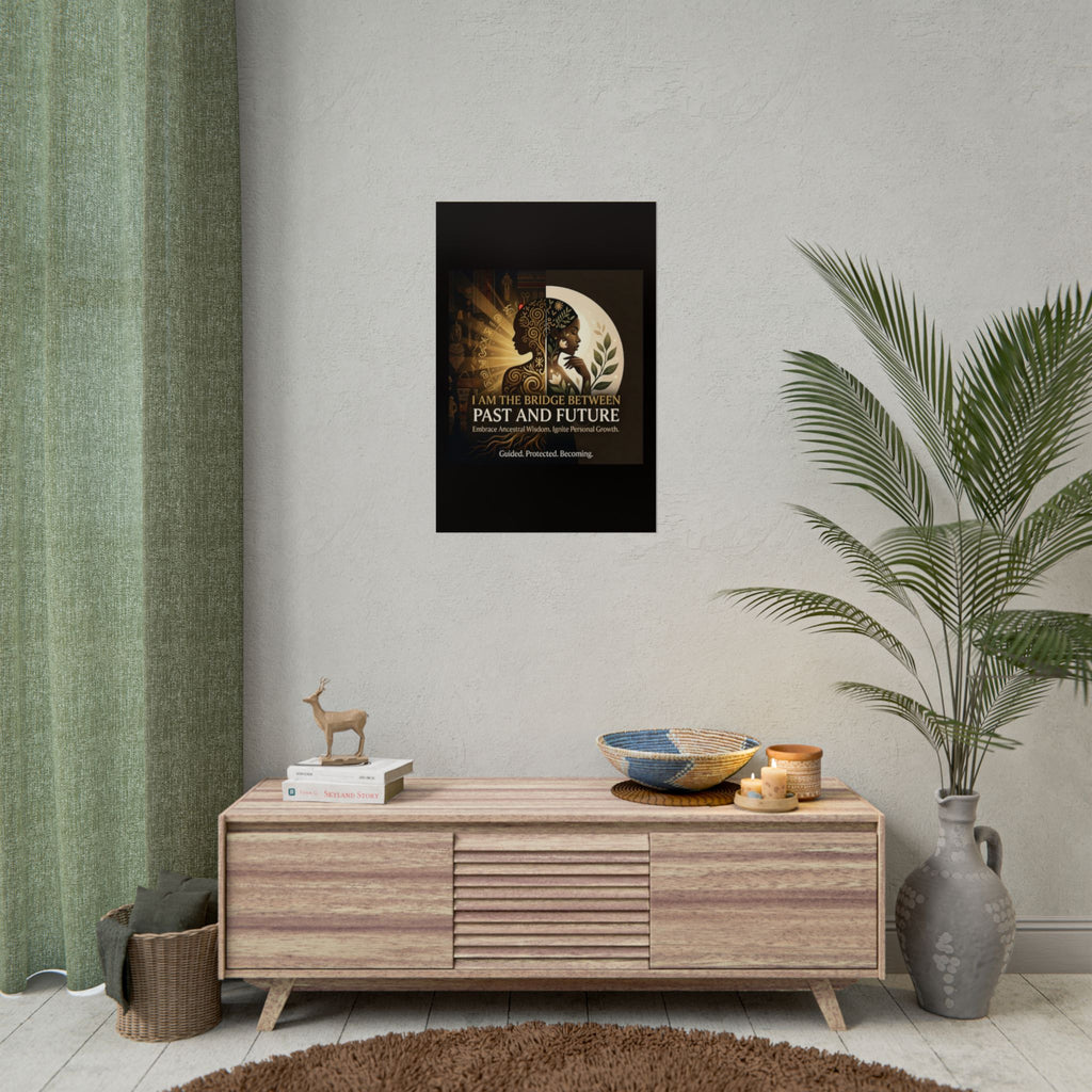 Inspirational rolled poster featuring "I Am the Bridge Between Past and Future" wall art by Printify.