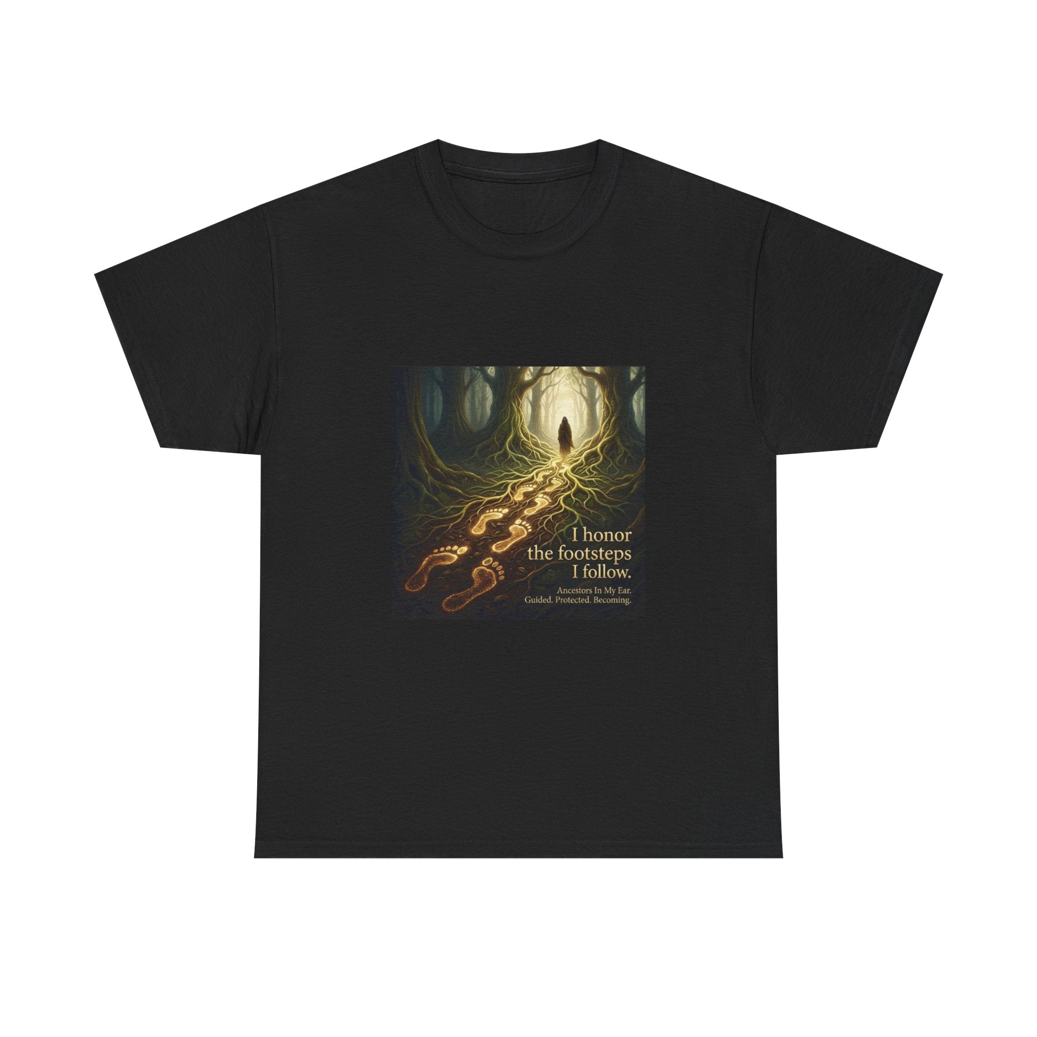 Forest green T-shirt with an inspirational graphic design, featuring the phrase "Honor the Footsteps I Follow" by Printify.