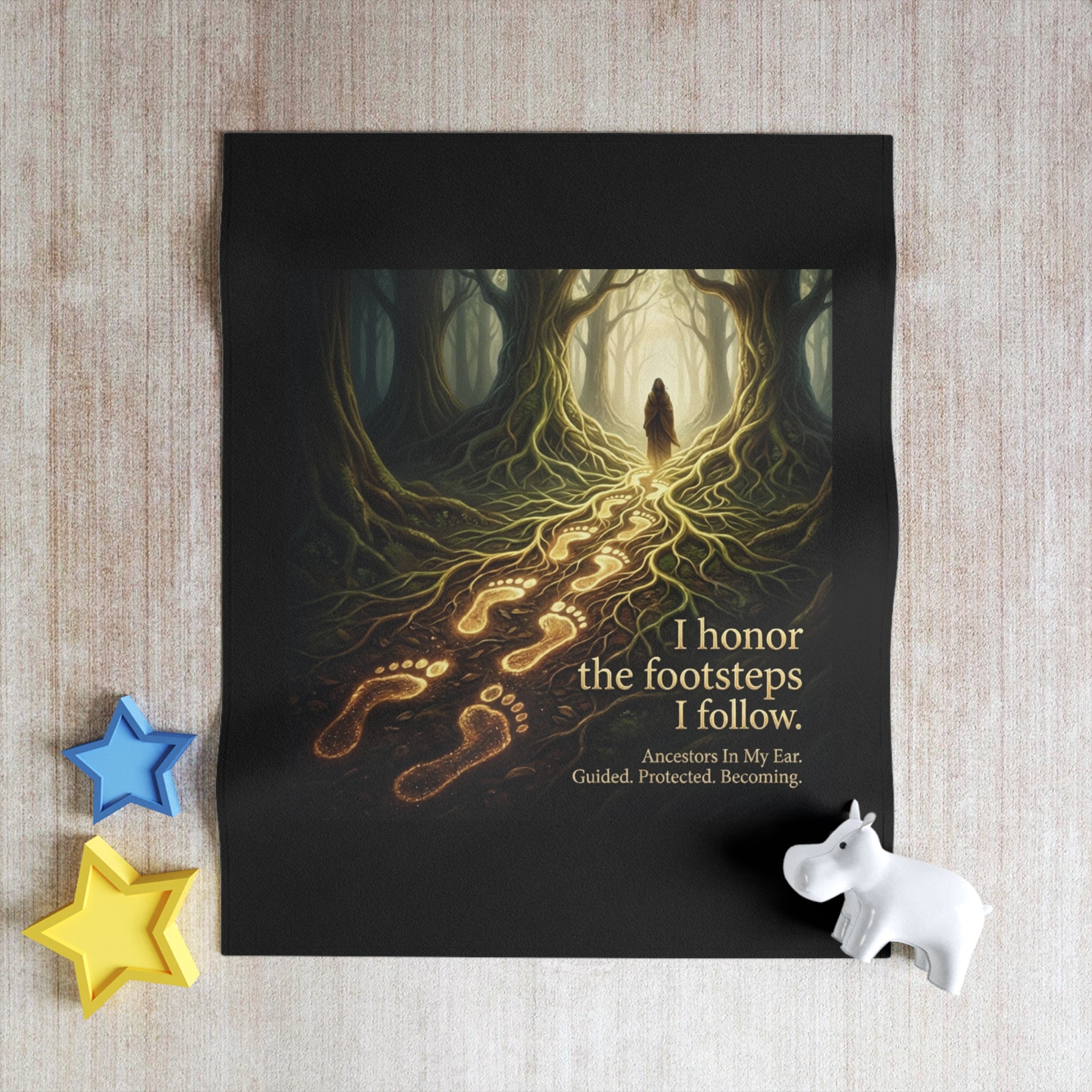 Spiritual forest-themed Ancestral Path throw blanket with inspirational quote, cozy home decor by Printify.