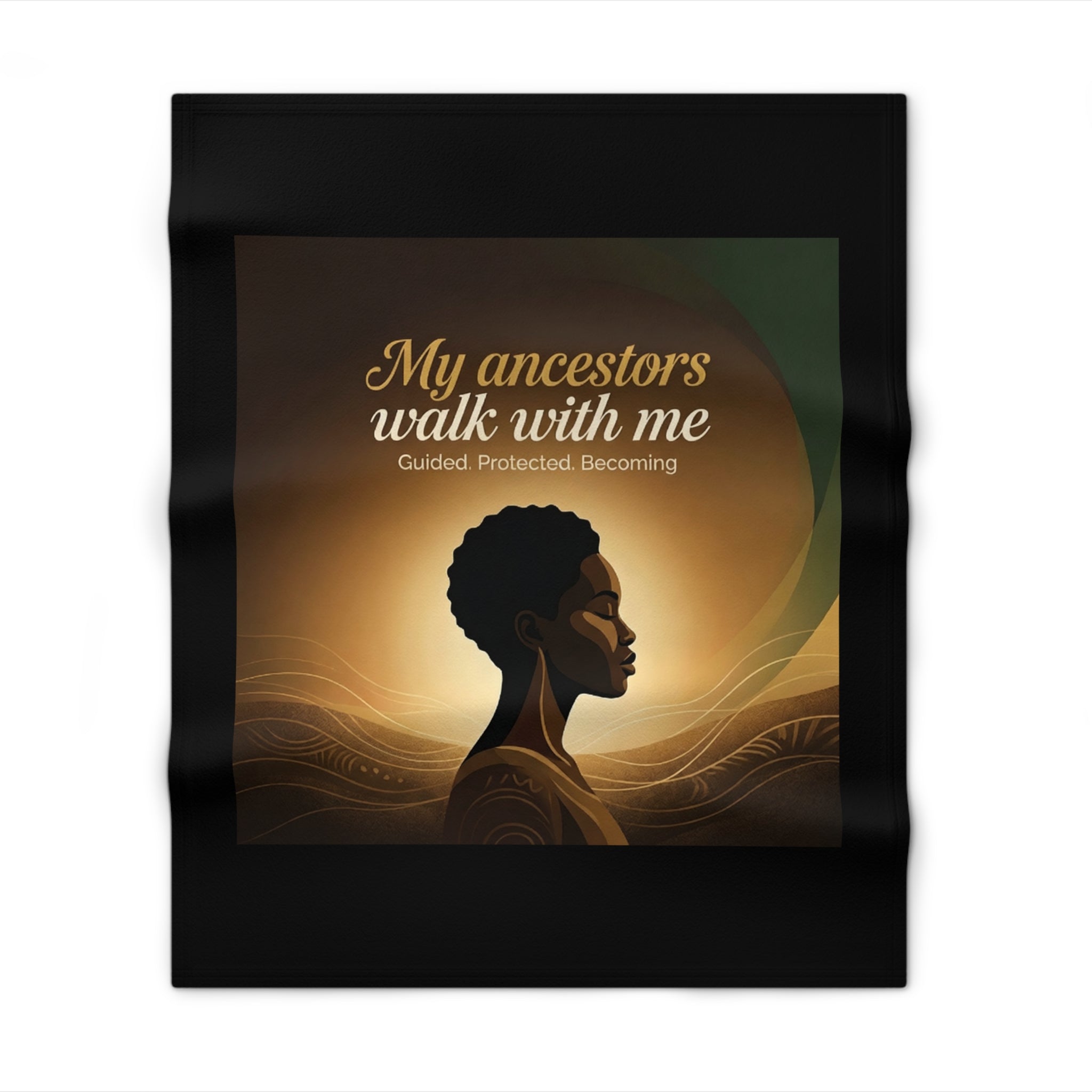 African heritage inspirational fleece throw blanket with a warm, cozy design featuring ancestral motifs and meaningful text.