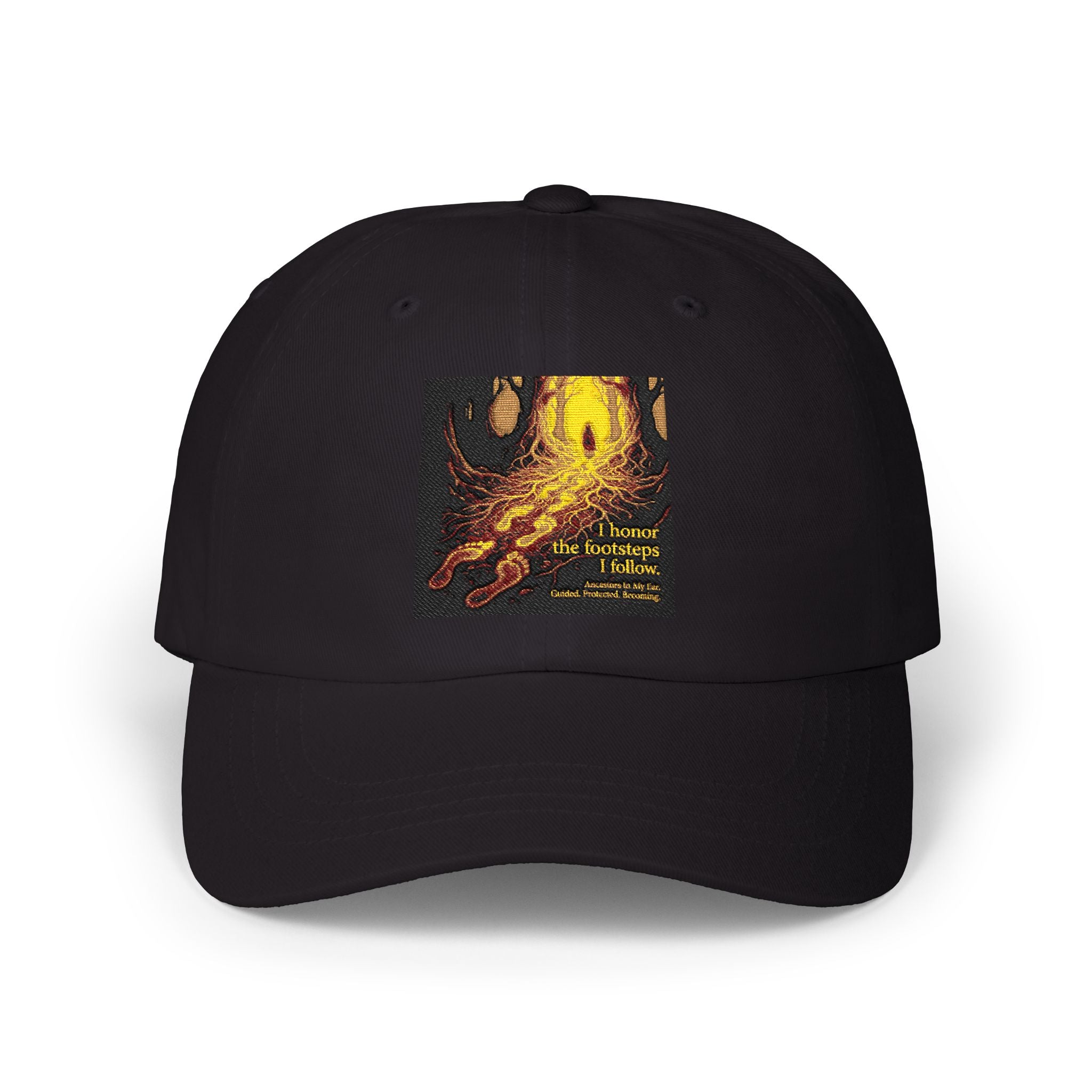 Vintage flaming hand graphic dad cap with inspirational quote, stylish men's hat by Printify featuring bold design.