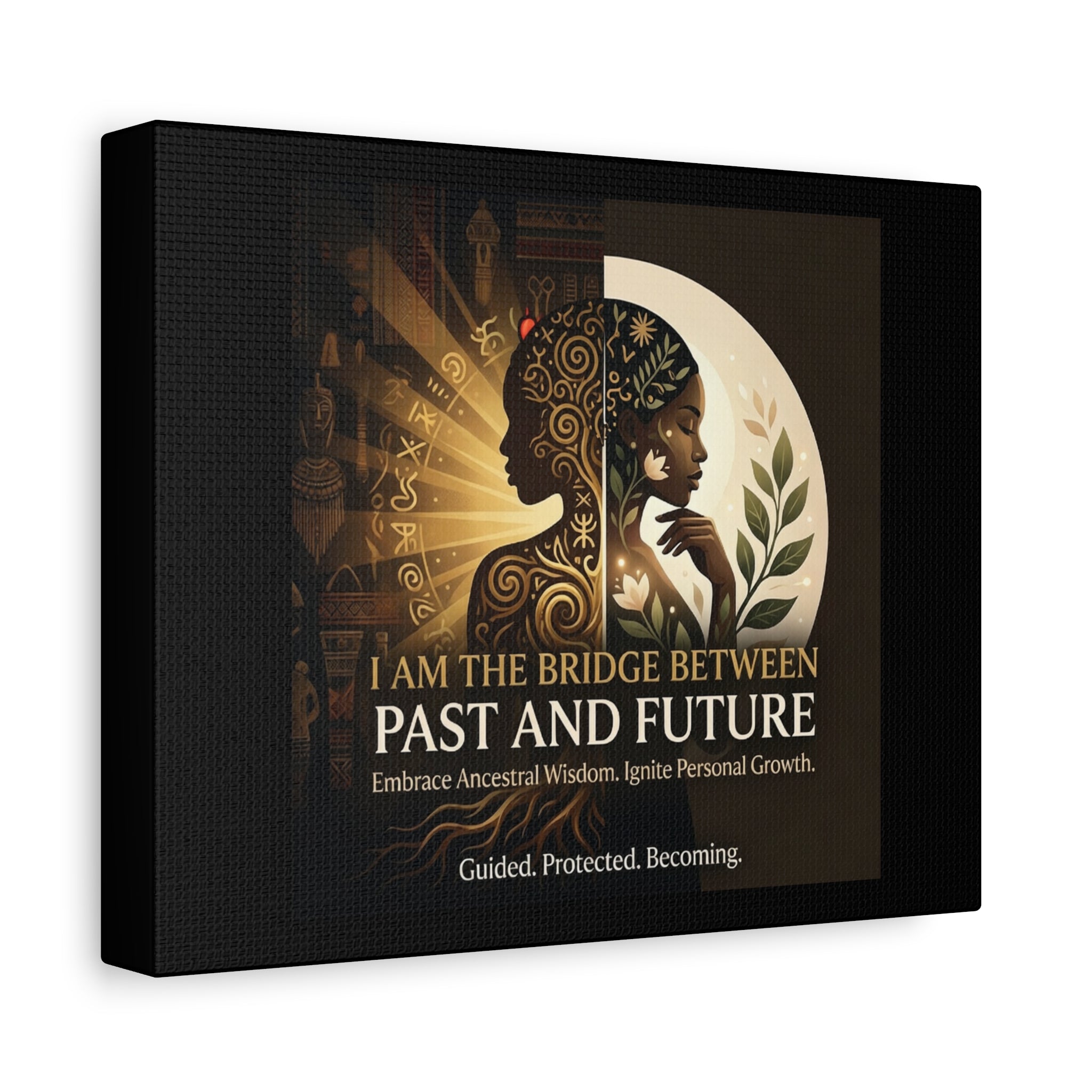 Canvas wall art titled "I Am the Bridge Between Past and Future" by Printify, featuring abstract designs and vibrant colors.