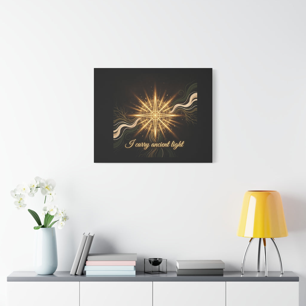 Matte canvas wall art titled "I Carry Ancient Light" featuring a golden compass design, displayed on a wall.