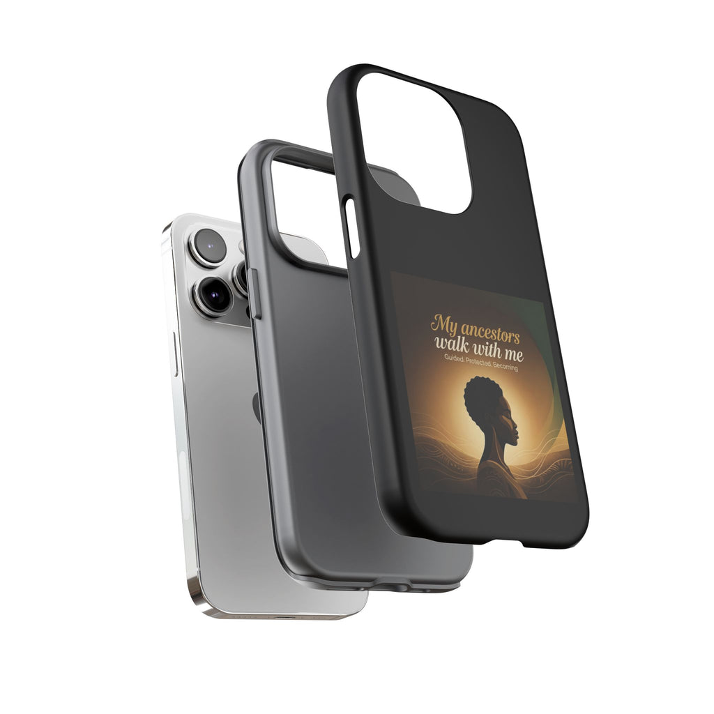 Black phone case with inspirational design, honoring heritage and ancestors, for a smartphone protection by Printify.
