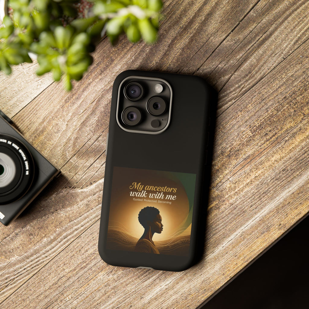 Black phone case with inspirational quote and heritage design, protective cover for smartphones, by Printify.