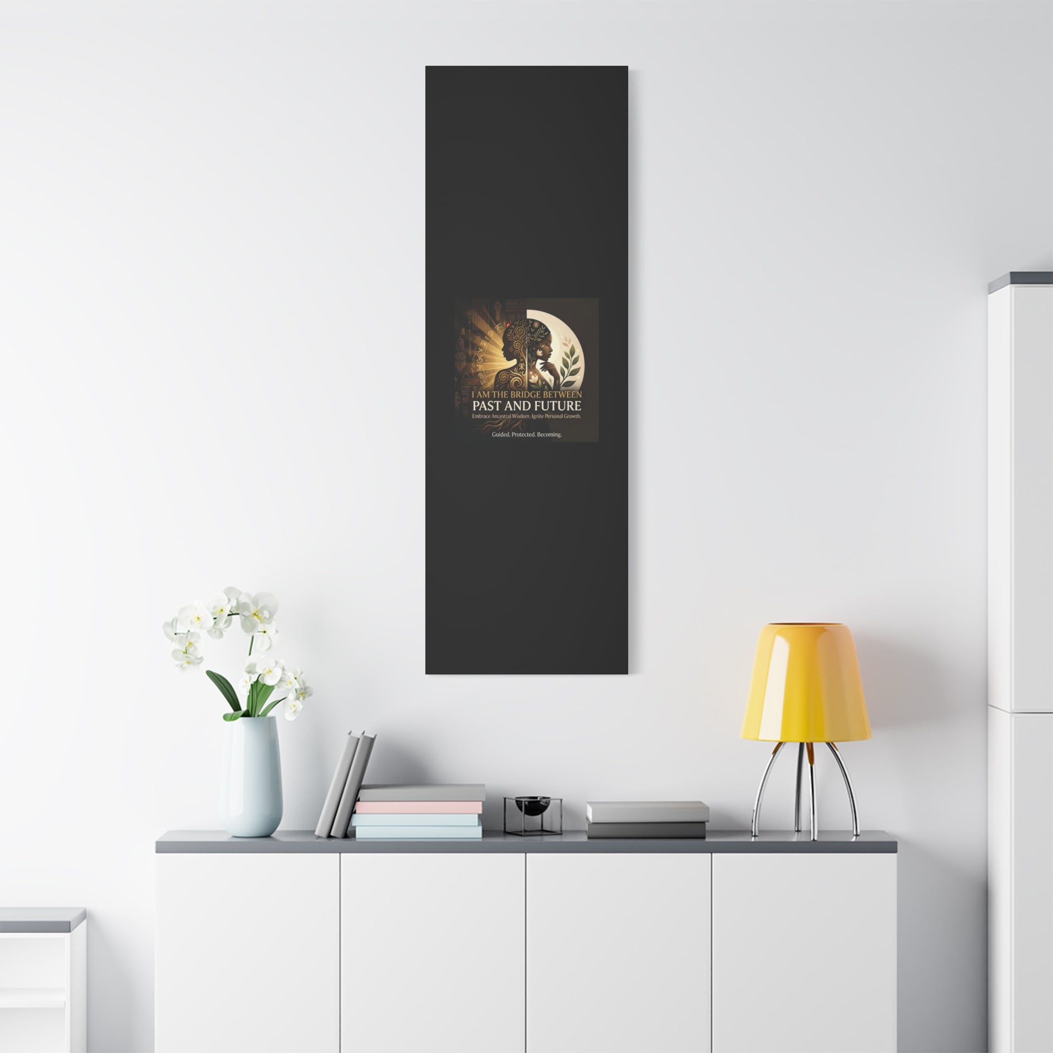 Canvas wall art titled "I Am the Bridge Between Past and Future" by Printify, featuring abstract design and vibrant colors.
