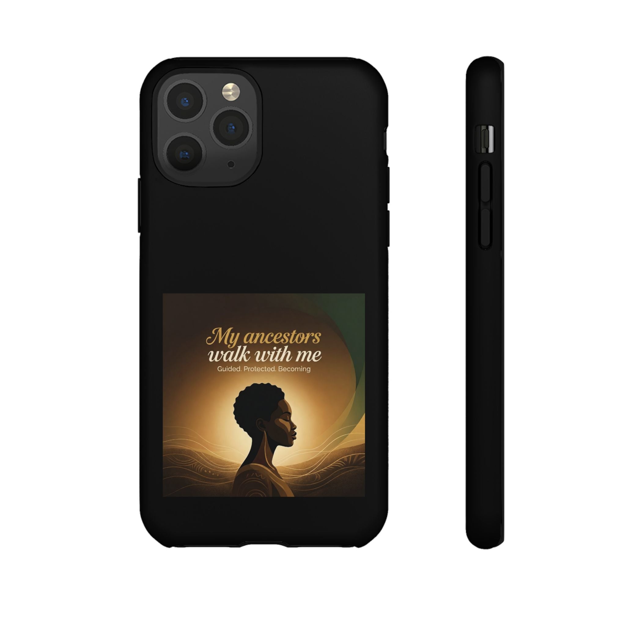 Black phone case with inspirational design and heritage motifs, protective cover for smartphone by Printify.