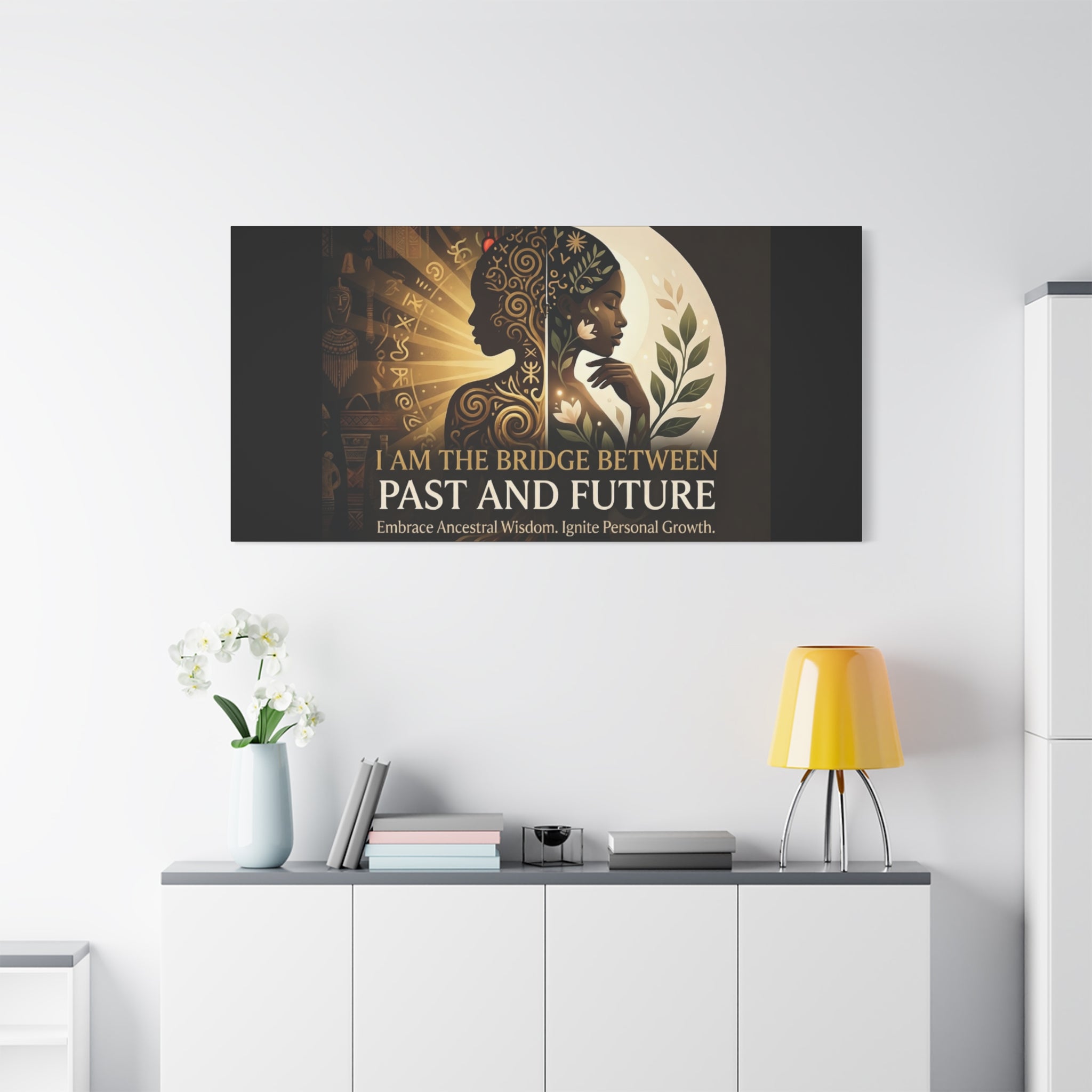 Canvas wall art titled "I Am the Bridge Between Past and Future" by Printify, featuring an abstract design and vibrant colors.