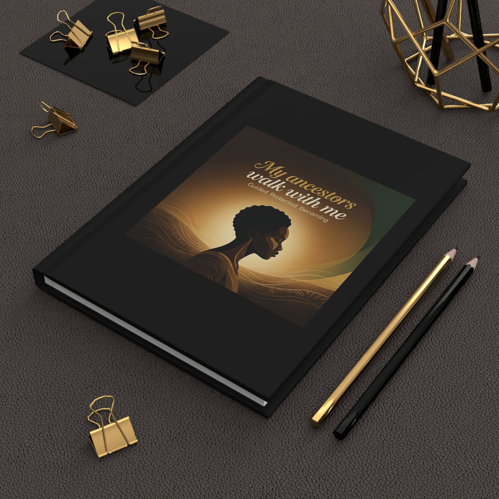 Hardcover journal titled "My Ancestors Walk With Me," an inspirational guided journal by Printify with decorative cover design.