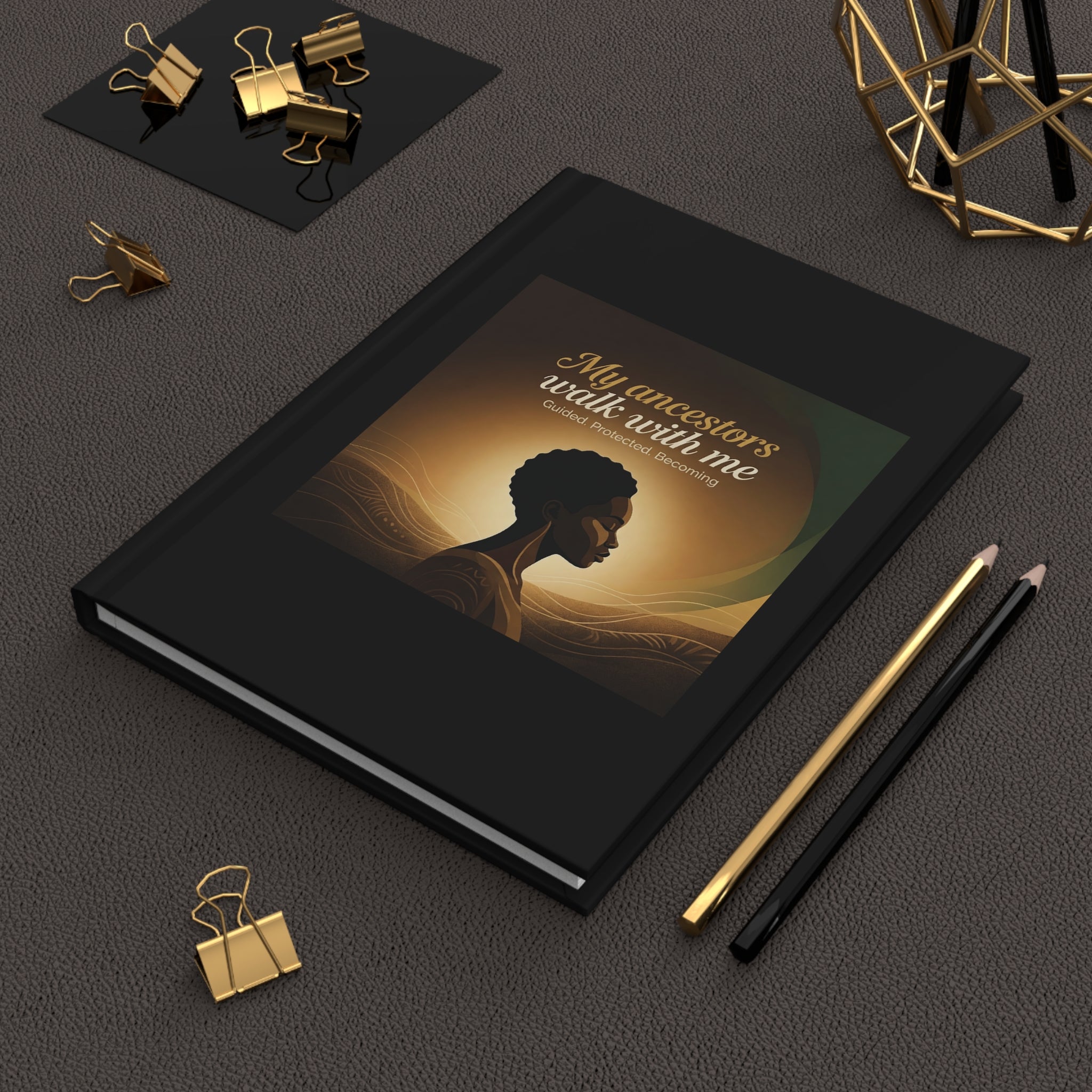 Hardcover journal titled "My Ancestors Walk With Me," an inspirational guided journal by Printify with decorative cover design.