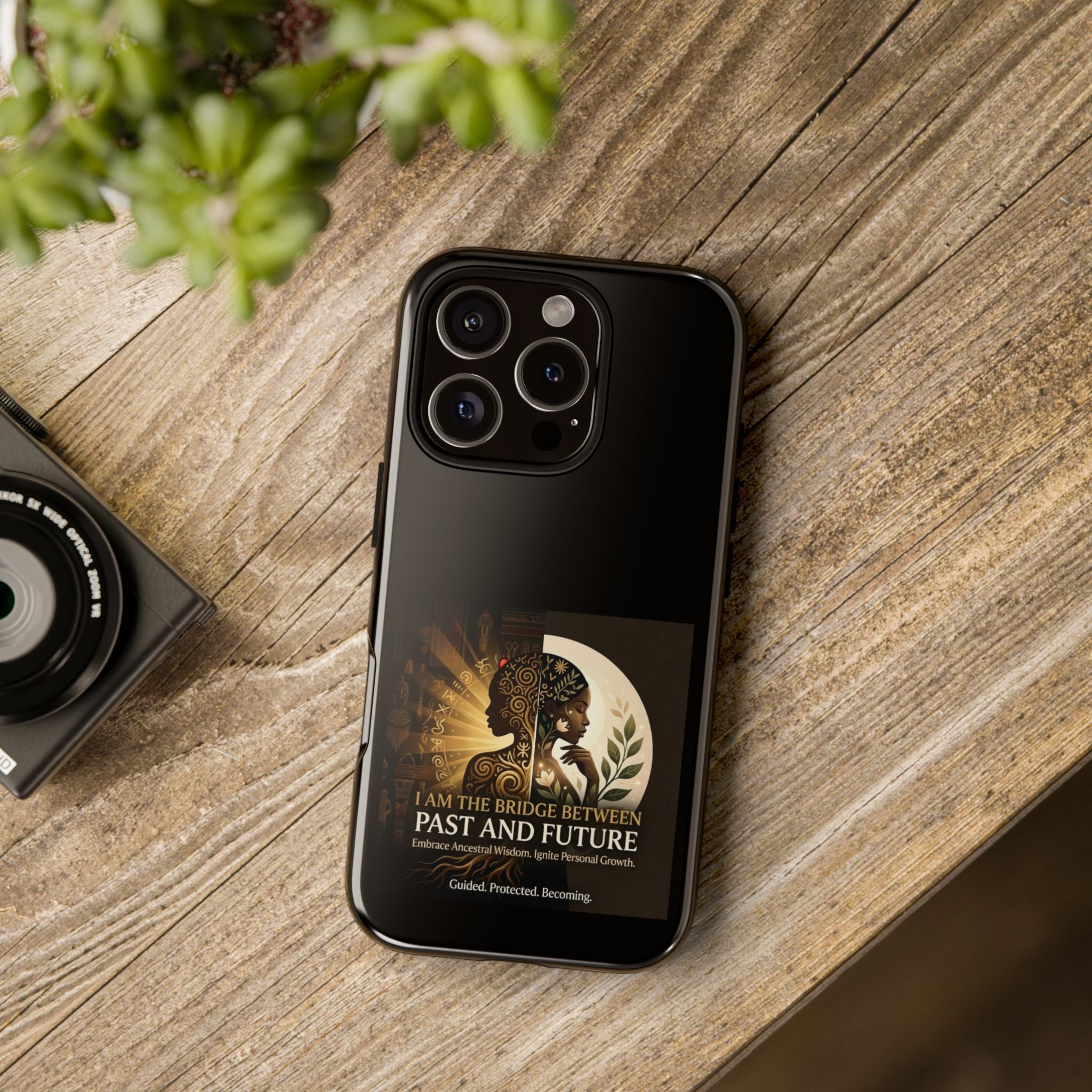 Inspirational black heritage phone case by Printify featuring "I Am the Bridge Between Past and Future" design.