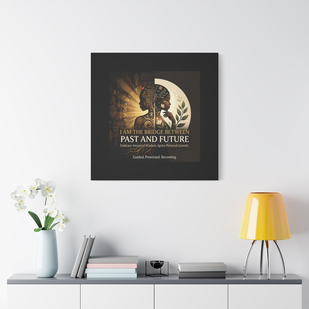 Canvas wall art titled "I Am the Bridge Between Past and Future" by Printify, featuring abstract design and vibrant colors.