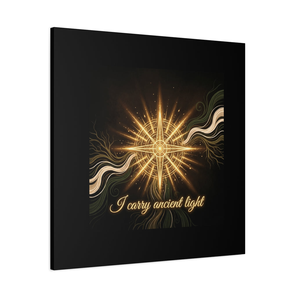 Matte canvas wall art titled "I Carry Ancient Light" featuring a golden compass design, perfect for home decor.
