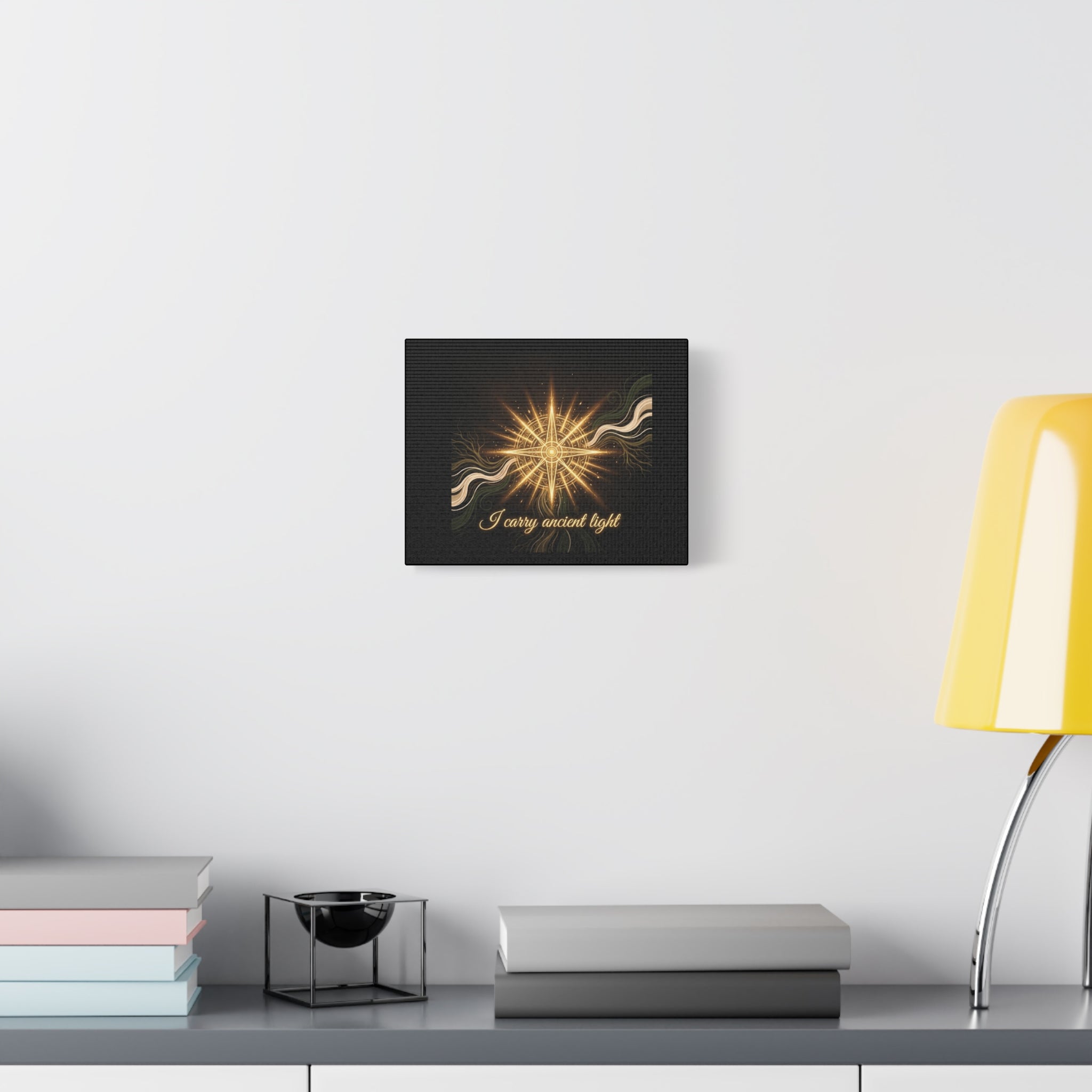 Matte canvas wall art titled "I Carry Ancient Light" featuring a golden compass design, suitable for home or office decor.