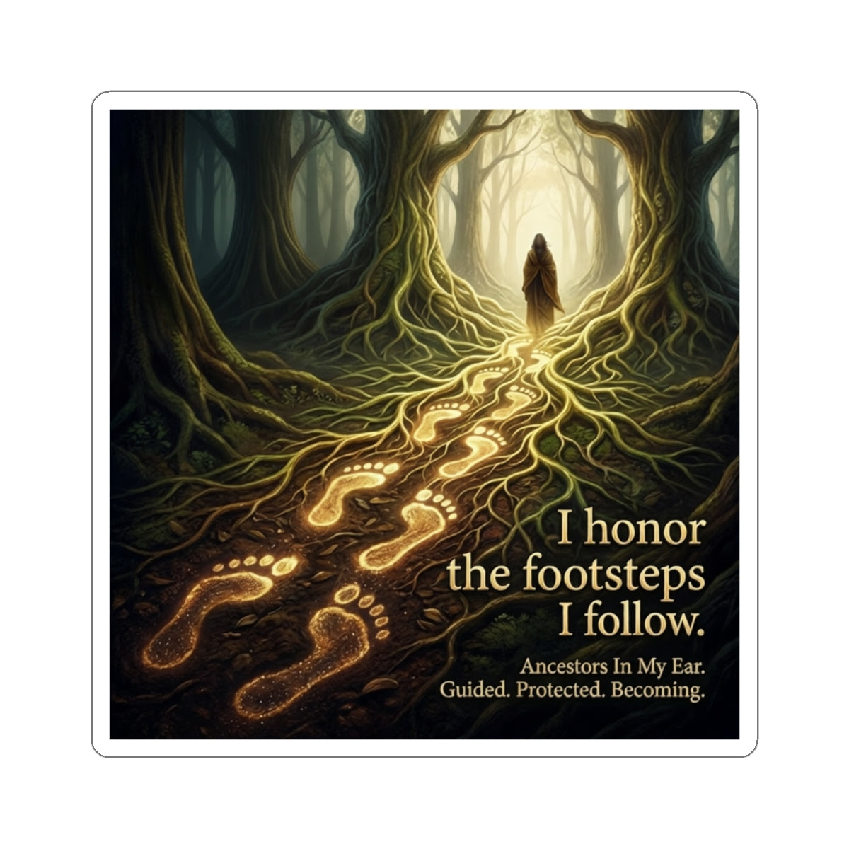 Kiss-cut sticker with "I honor the footsteps I follow" quote, featuring an ancestral forest design on paper material.