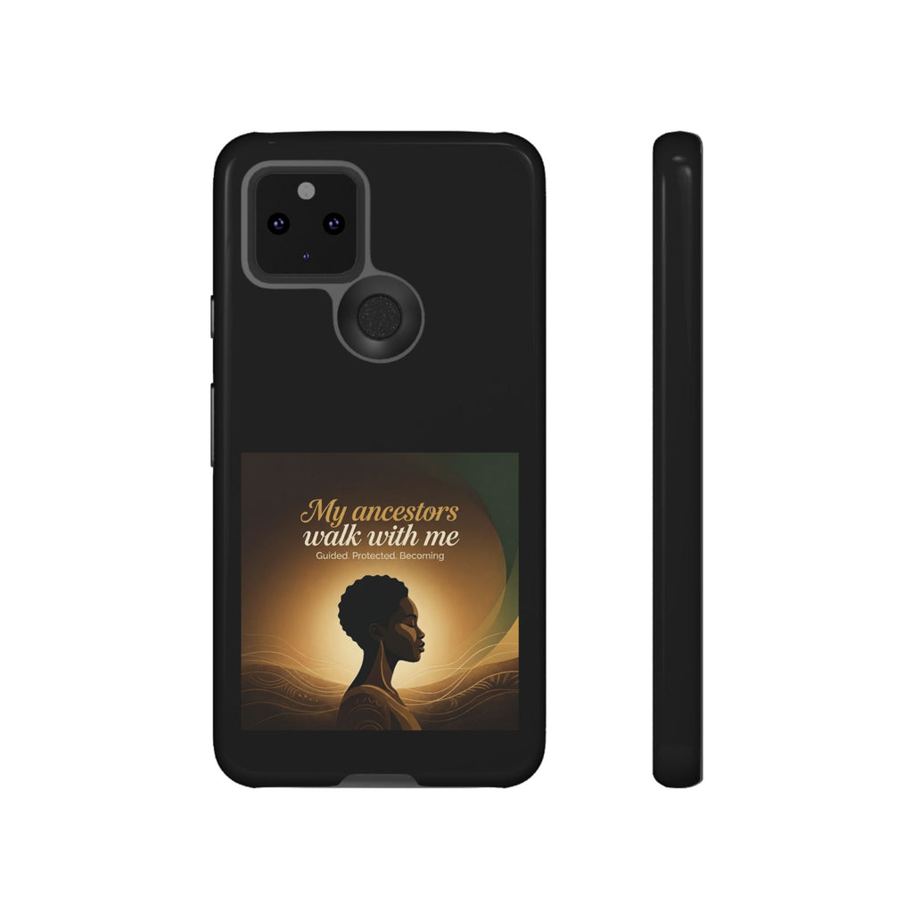 Black phone case with inspirational design honoring ancestors, protective cover for smartphones by Printify.
