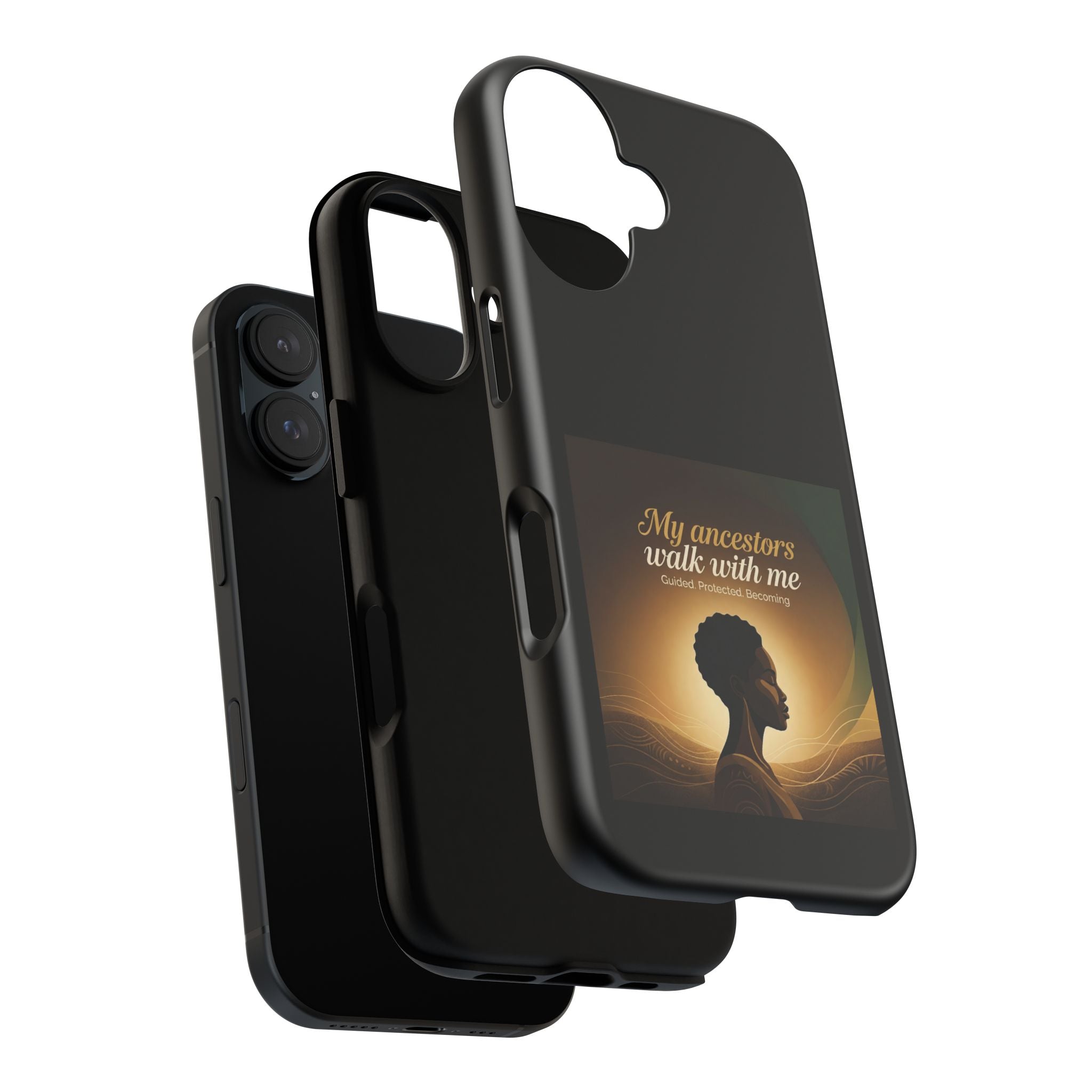 Black phone case with inspirational quote honoring heritage, designed for iPhone, with protective bumper and artistic print.