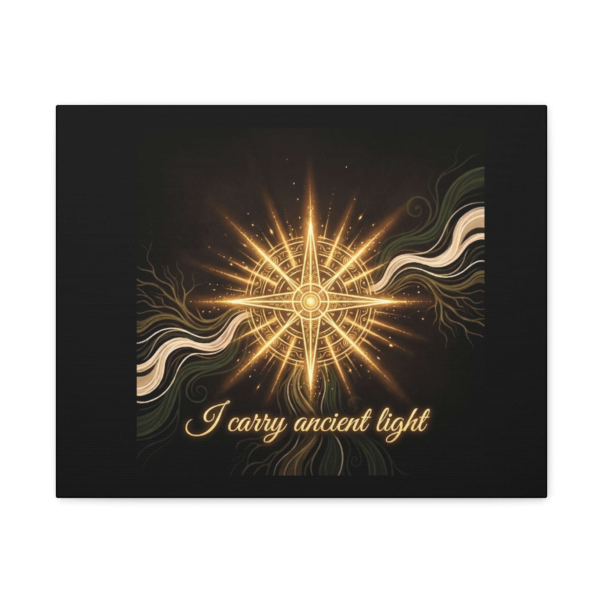 Matte canvas wall art featuring a golden compass design titled "I Carry Ancient Light" by Printify, suitable for wall decor.