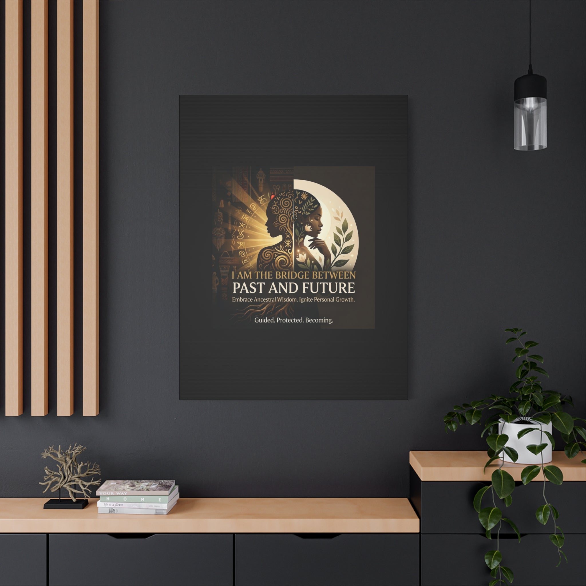 Canvas wall art titled "I Am the Bridge Between Past and Future" by Printify, featuring abstract imagery and vibrant colors.