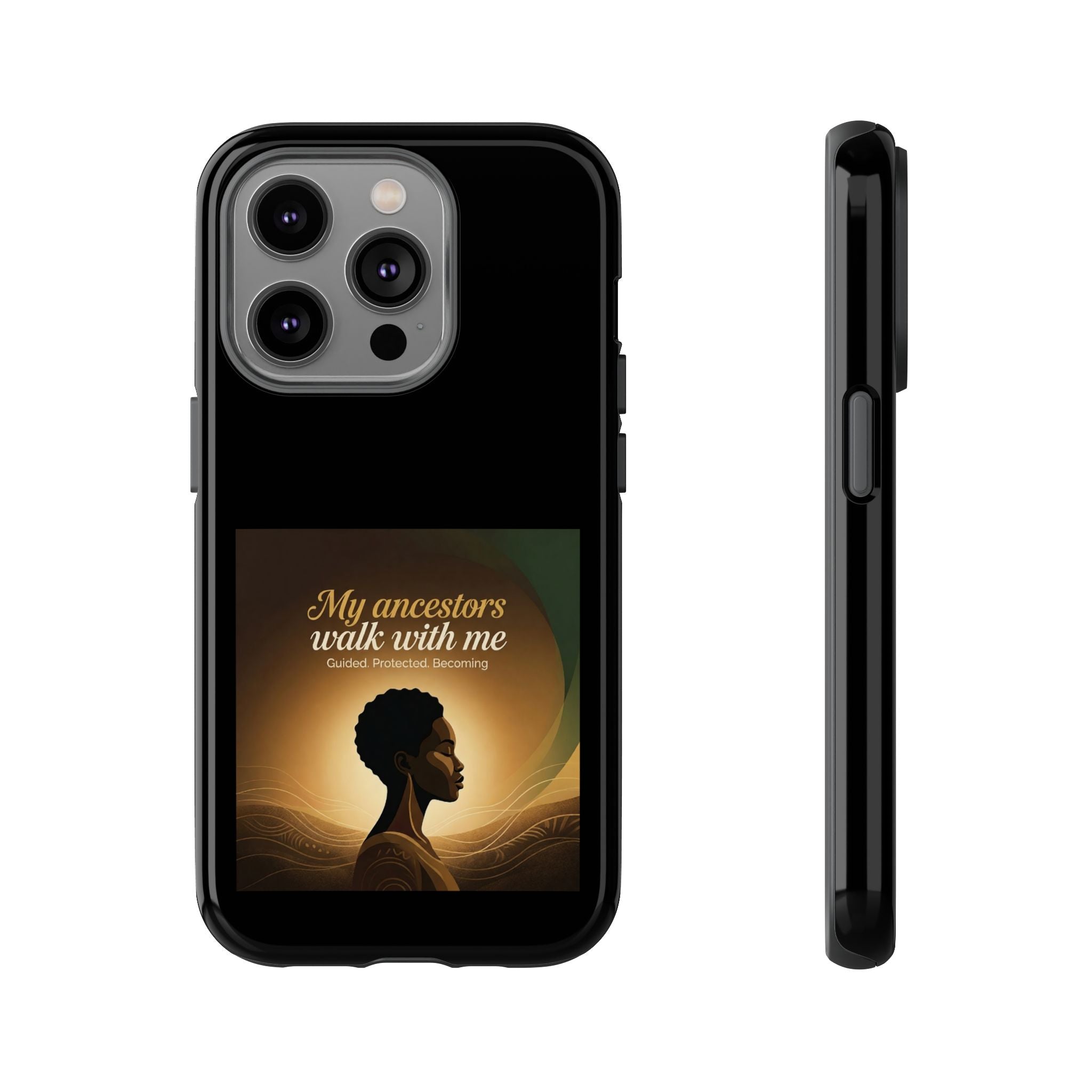 Black phone case with inspirational design celebrating Black heritage, fits smartphones to protect and honor cultural roots.