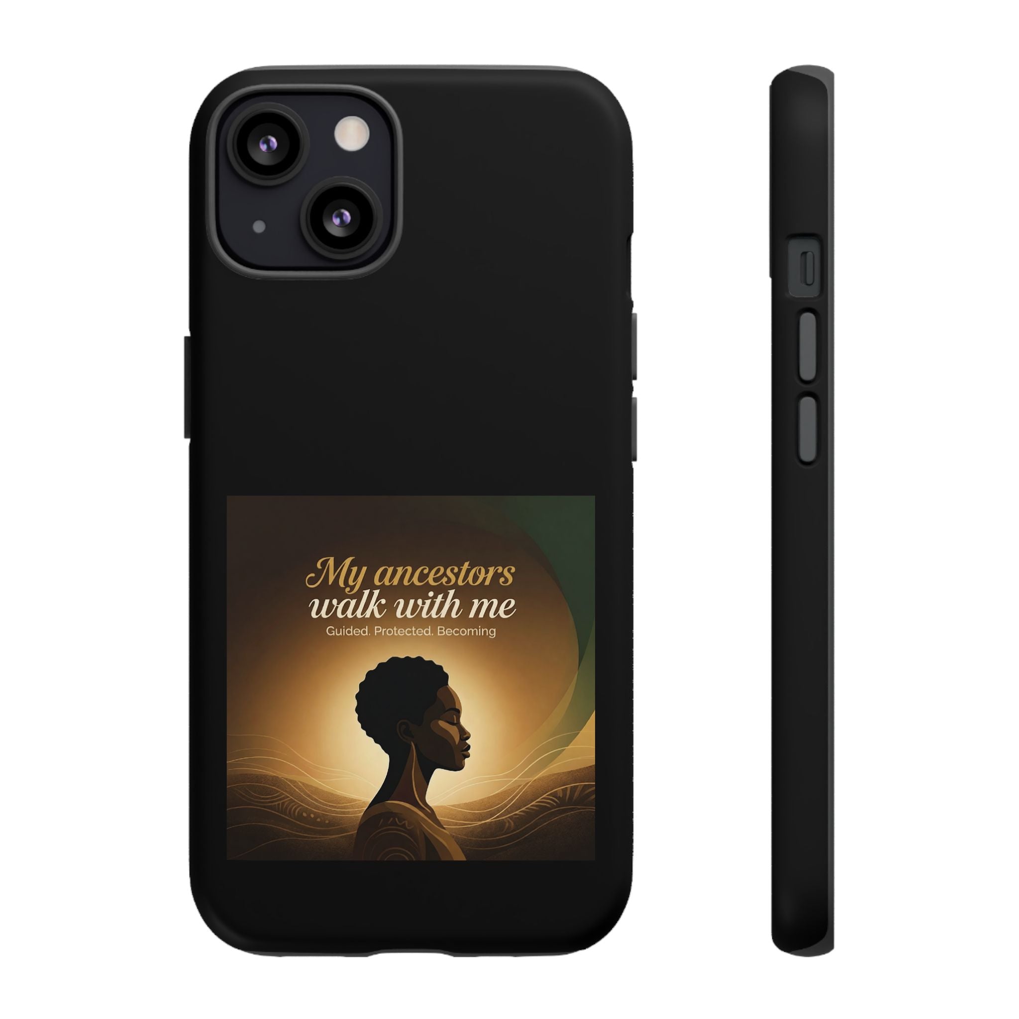 Black phone case with inspirational quote and heritage design, protective cover for smartphones by Printify.