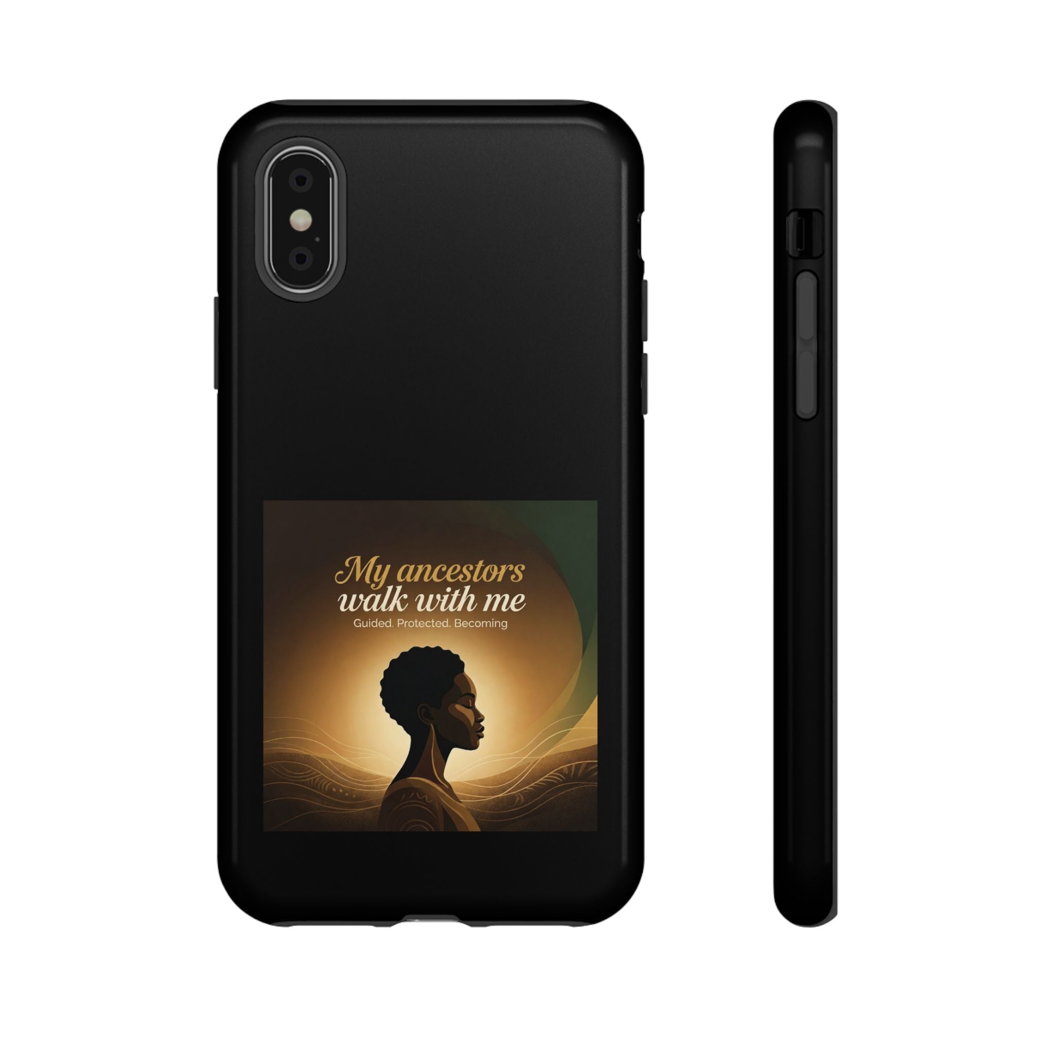 Black phone case with inspirational quote and heritage design, protective cover for mobile phones by Printify.