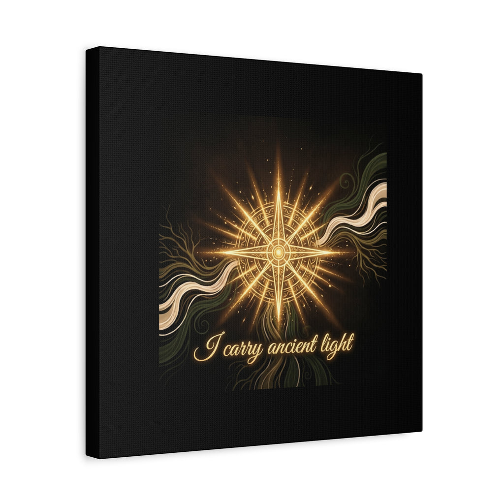 Matte canvas wall art titled "I Carry Ancient Light" featuring a golden compass design by Printify.