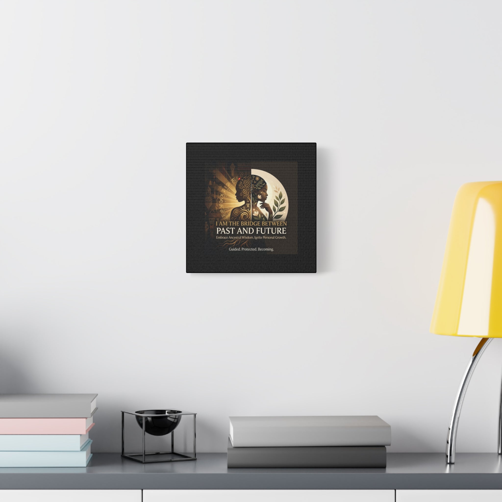 Canvas wall art titled "I Am the Bridge Between Past and Future" by Printify, featuring abstract design with vibrant colors.