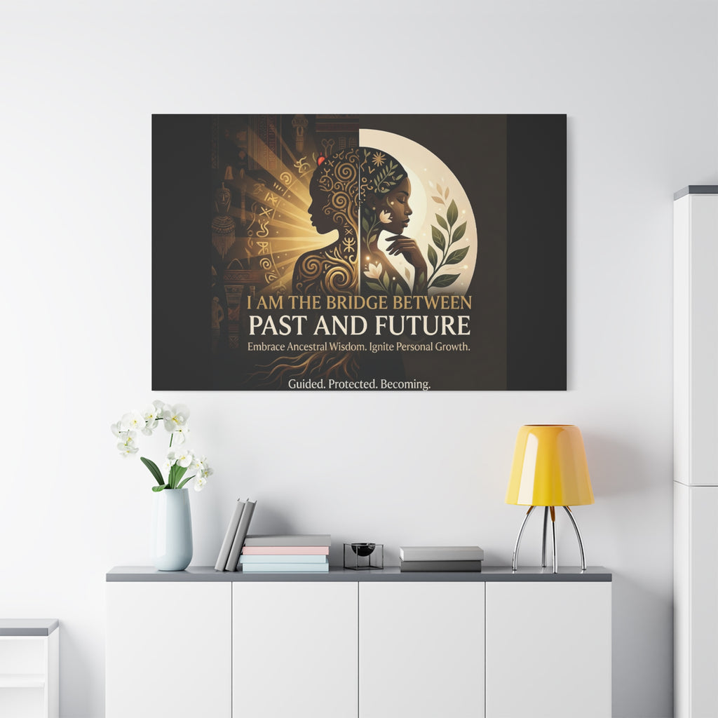 Canvas wall art titled "I Am the Bridge Between Past and Future" by Printify, showcasing a vibrant abstract design.