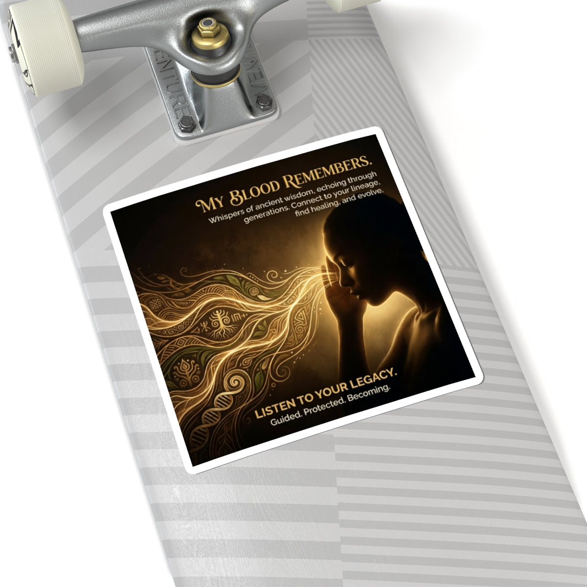 Kiss-cut sticker featuring "My Blood Remembers" ancestral wisdom illustration by Printify on a white background.