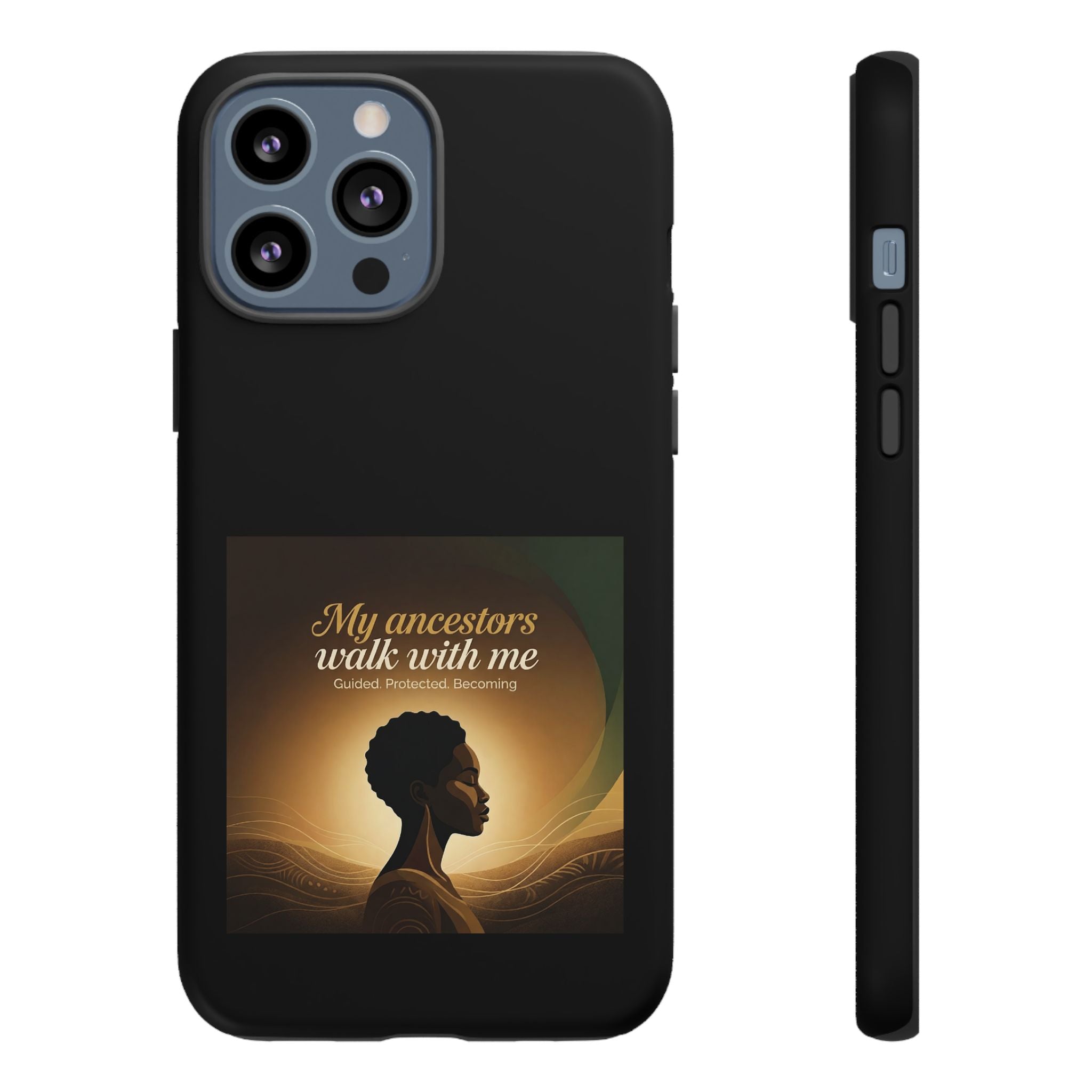Black heritage phone case with inspirational design, protective cover for smartphones, featuring meaningful artwork and text.